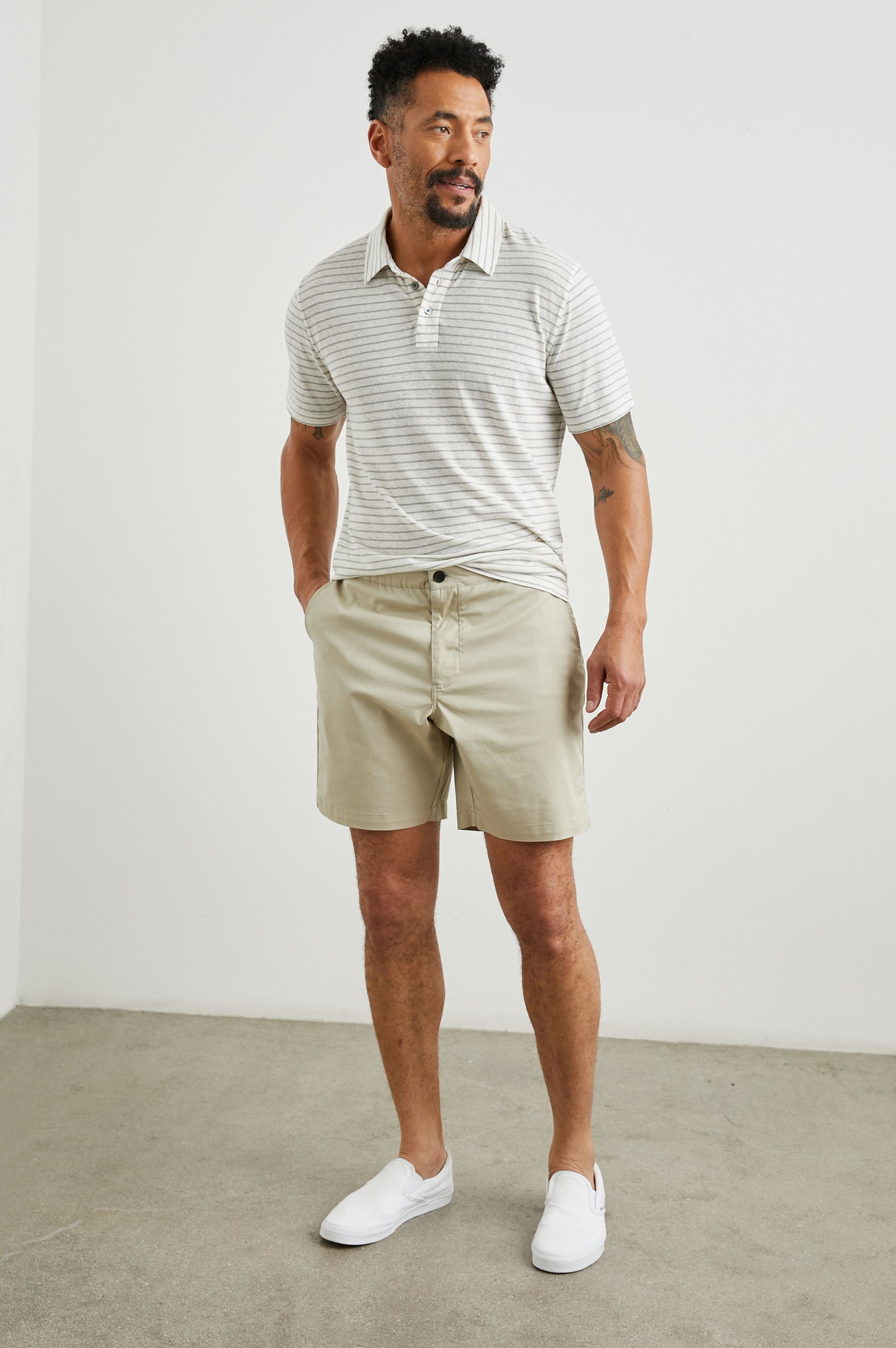 Laguna Shorts with Belt Loops, Two Front Pockets with a Zippered Key Pocket and Two Back Button Welt Pockets in Heritage Khaki Colorway - Front Full Body View Featured on Model