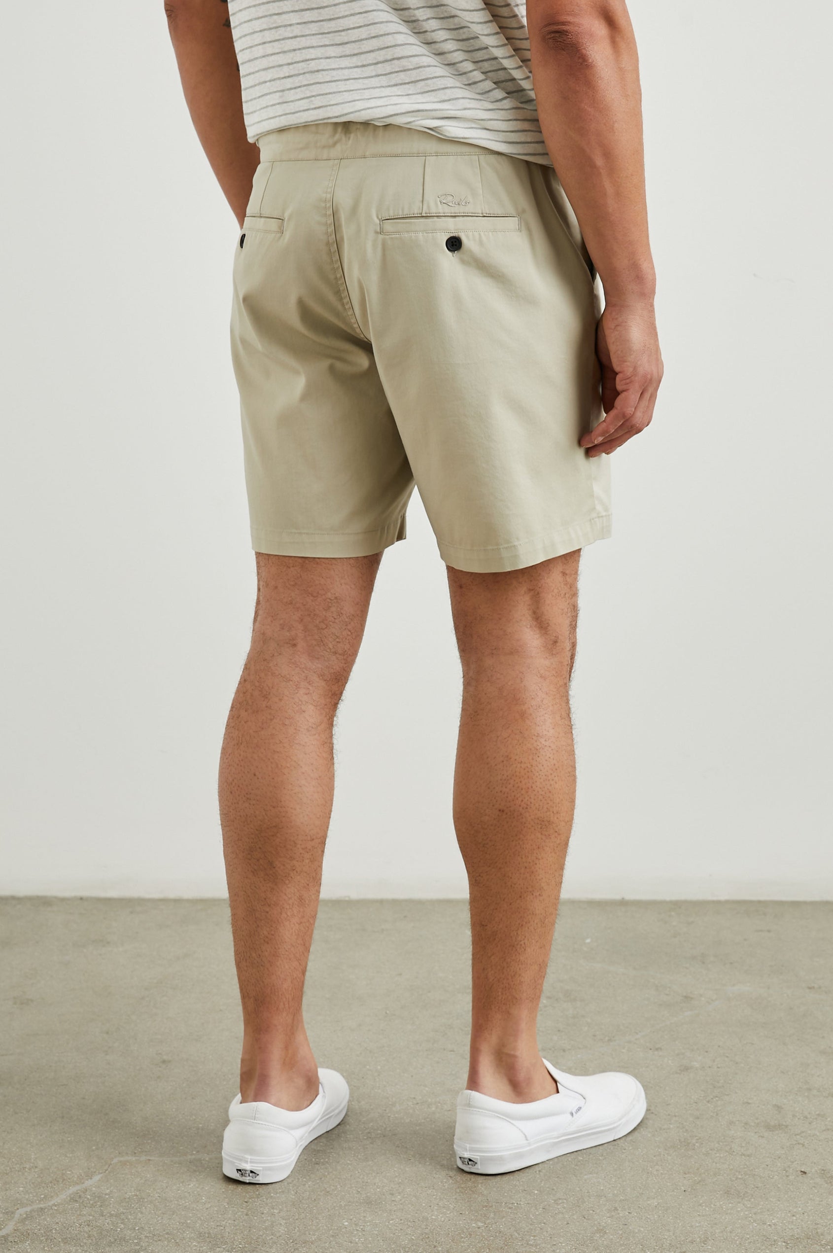 Laguna Shorts with Belt Loops, Two Front Pockets with a Zippered Key Pocket and Two Back Button Welt Pockets in Heritage Khaki Colorway - Back View Featured on Model