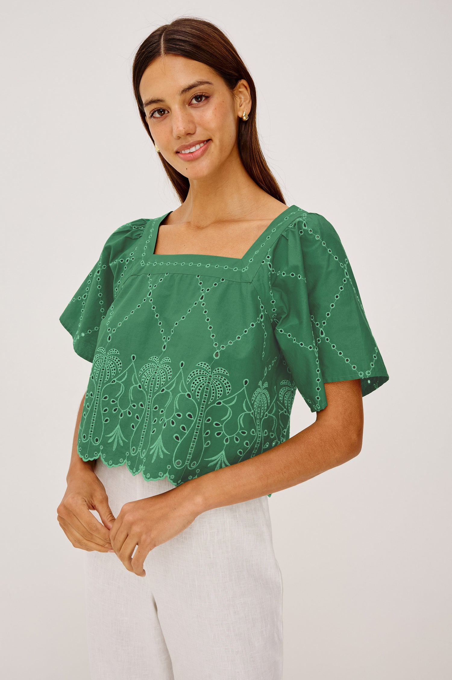 Laine Crop Top in Cotton Poplin With Boxy Fit, Square Neckline, Wide Short Sleeves, Embroidered Details, and Scallop Hem in Clover Colorway - Upper Body Front View Featured on Model