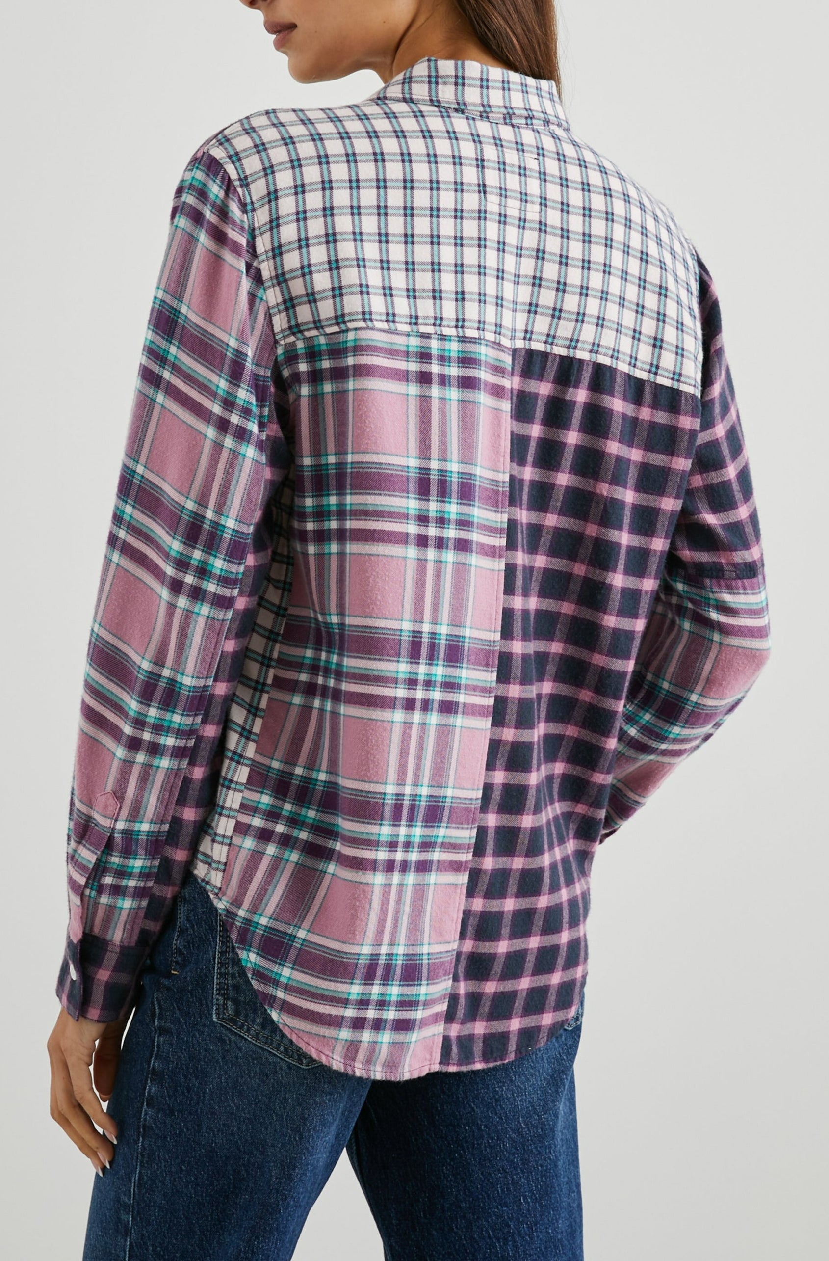 Lakin Long-Sleeve Button Up with a Chest Patch Pocket and Patches of Different Plaids in Rose Agave Mixed Plaid Colorway, in Rose, Agave, Purples and White - Back View Featured on Model 
