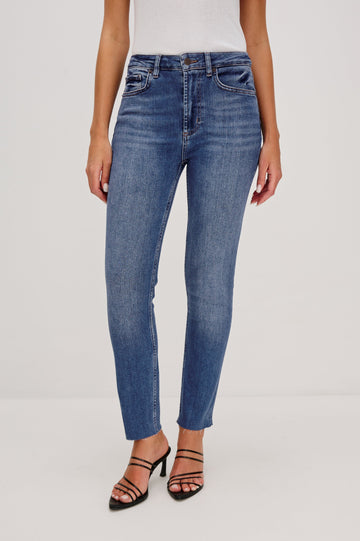 Larchmont 5-pocket skinny jean in medium-light wash tidepool. Front View Shown on Model.