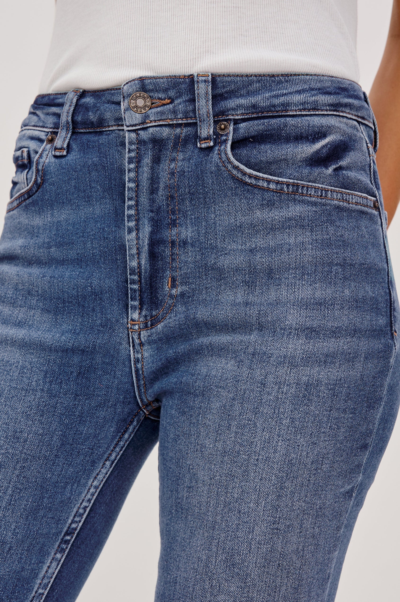 Larchmont 5-pocket skinny jean in medium-light wash tidepool. Front Detailed View Shown on Model.