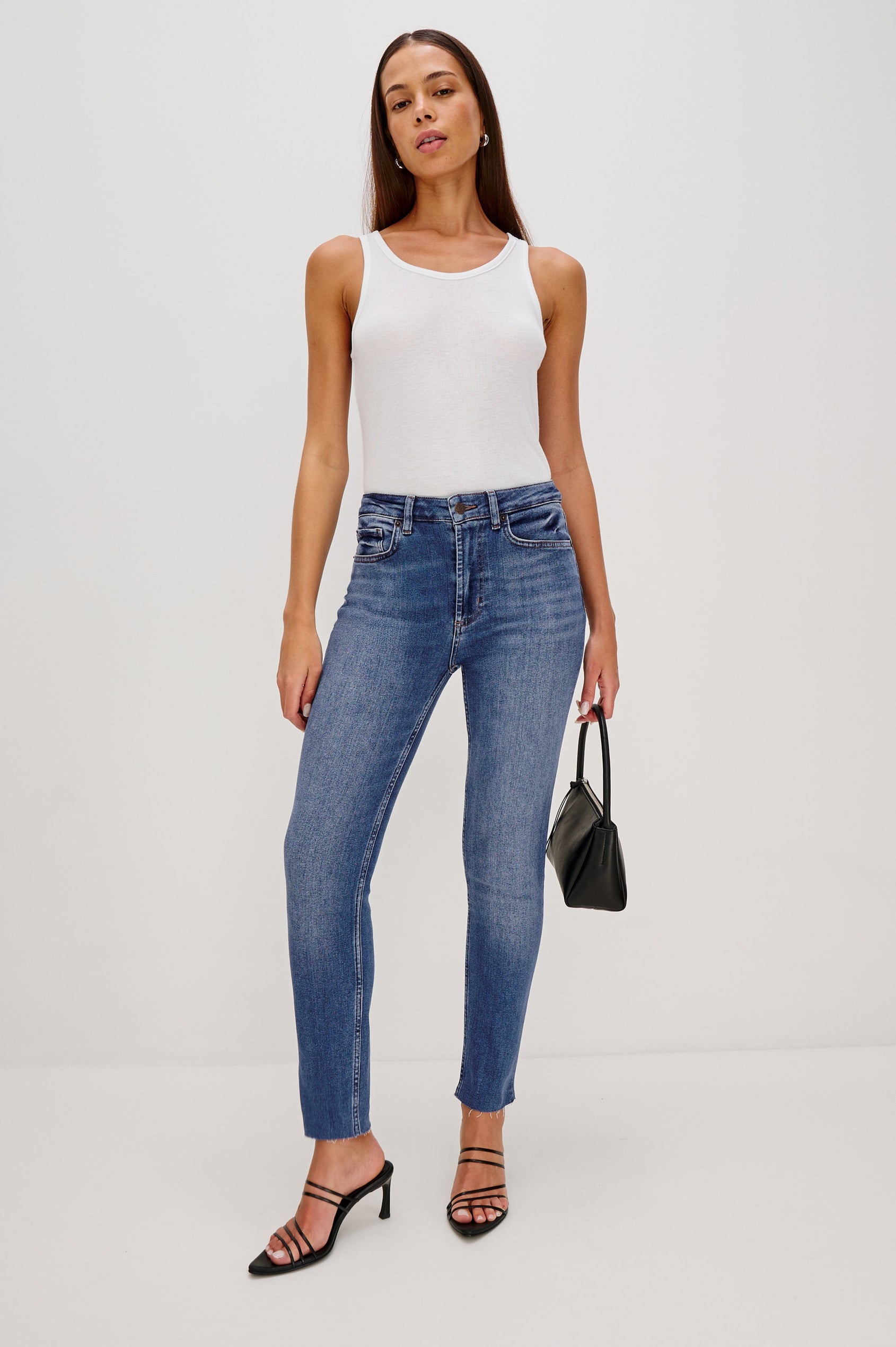 Larchmont 5-pocket skinny jean in medium-light wash tidepool. Full Body Front View Shown on Model.