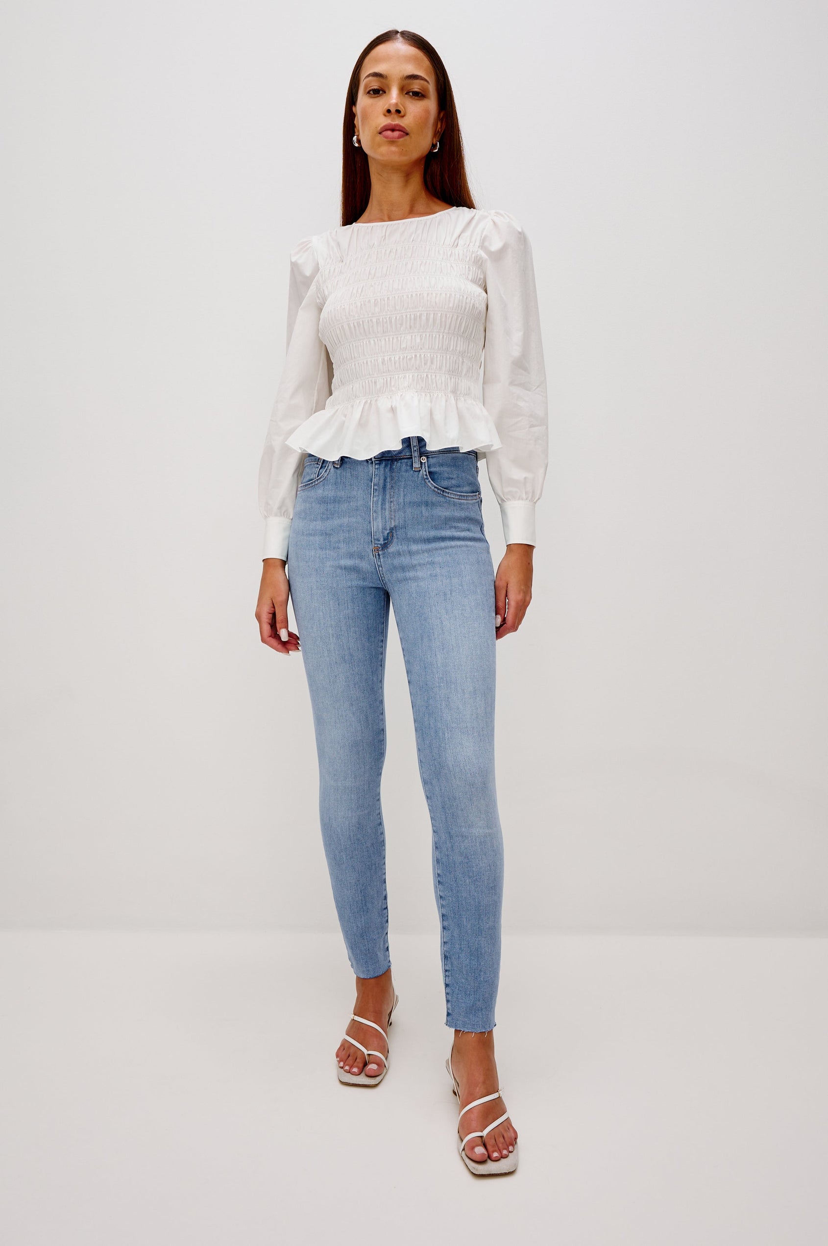 Larchmont 5-pocket skinny jean in medium-light wash tidepool. Full Body Front View Shown on Model.