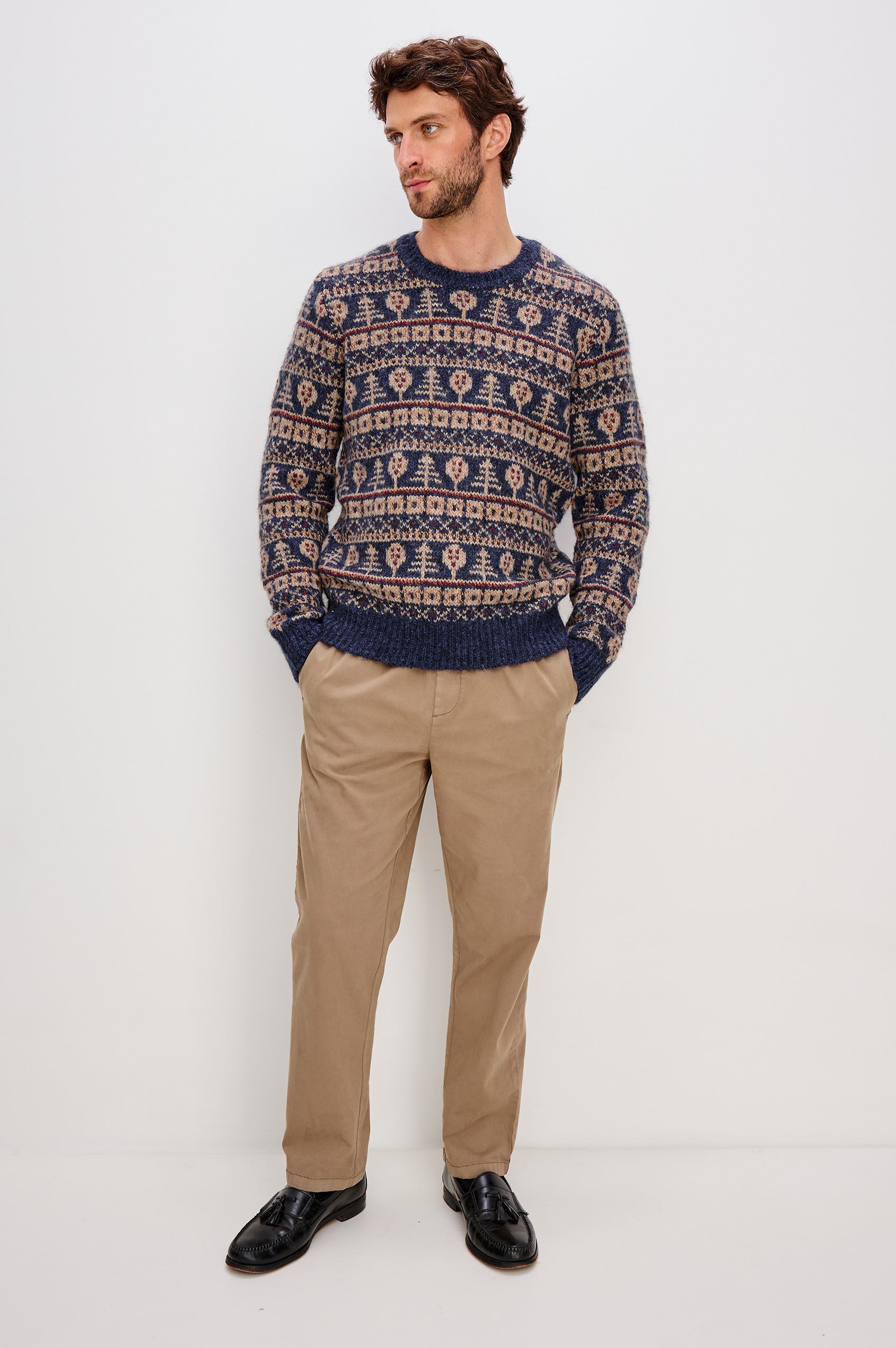 Lars Crewneck Sweater in Merino Wool Blend With Relaxed Fit With Fair Isle Motifs, Long Sleeves, and Ribbed Trim - Front Upper Body View Featured on MOdel