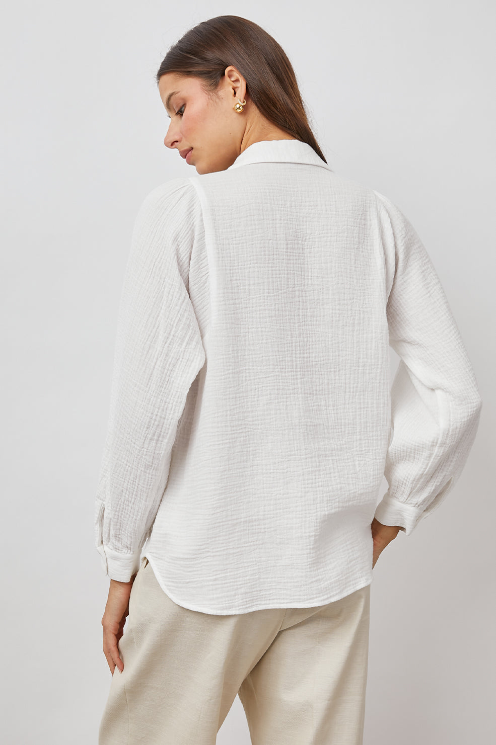 Lauren Long-Sleeve Button Up with Two Chest Patch Pockets and a V Neck in White Colorway - Back View Featured on Model