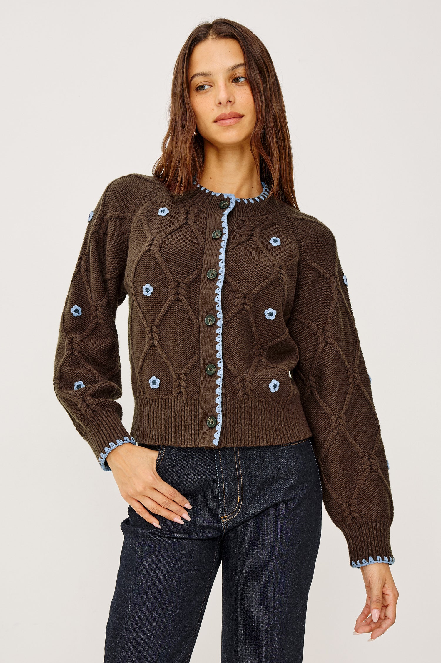 Laurie Cardigan in Cable Knit With Diamond Detailing, Floral Embroidery, Contrast Blanket Stitching, Front Buttons, Long Sleeves, and Ribbed Trim in Walnut Daisy Colorway - Upper Body Front View Featured on Model