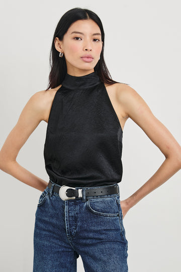 Leah Top with High Neck Halter Top with Back Button Closure in Black Crinkle Colorway - Front Tucked View Featured on Model