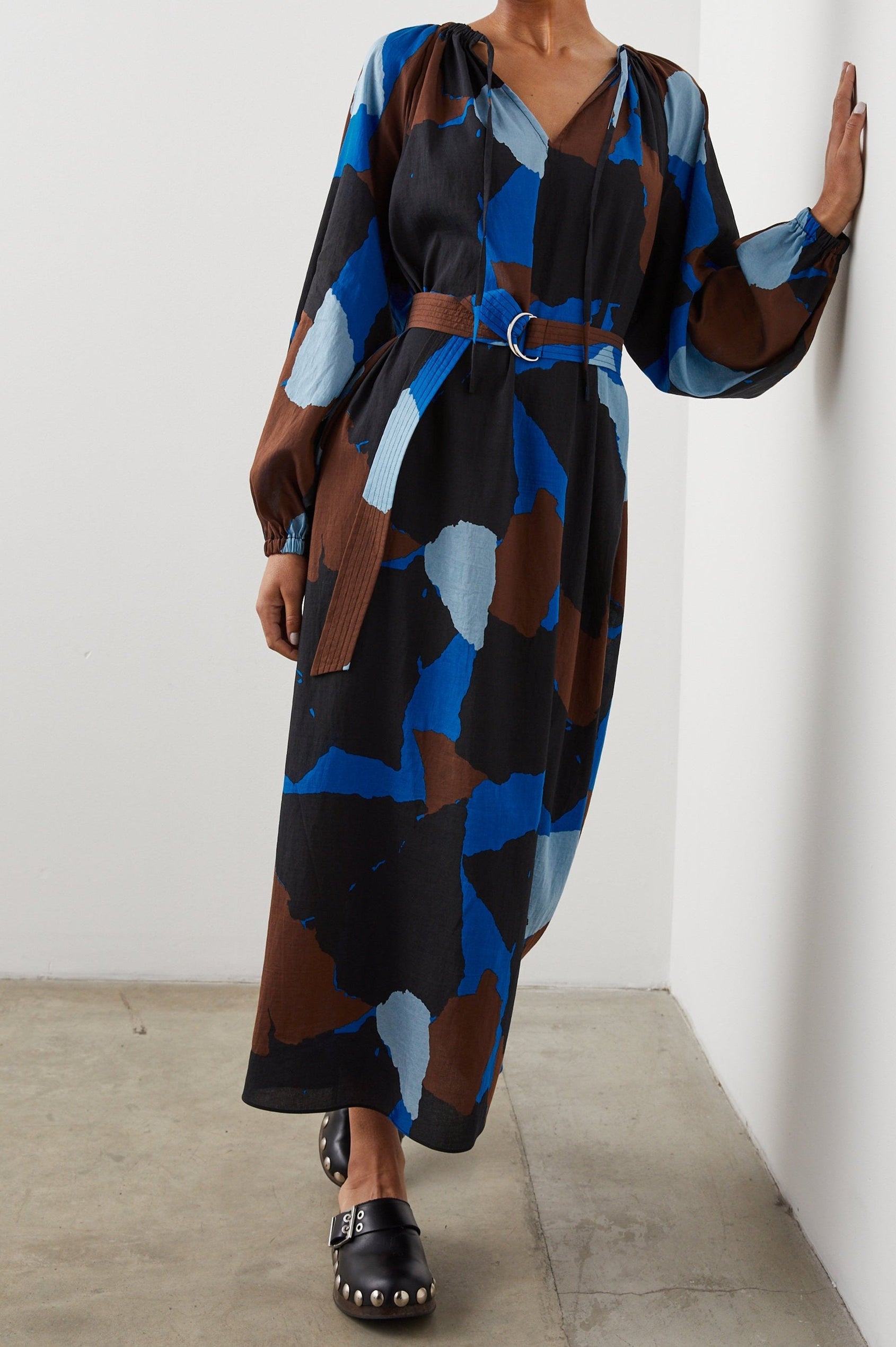 LEANNA DRESS BLUE MULTI COLOR BLOCK - FRONT ANGLE