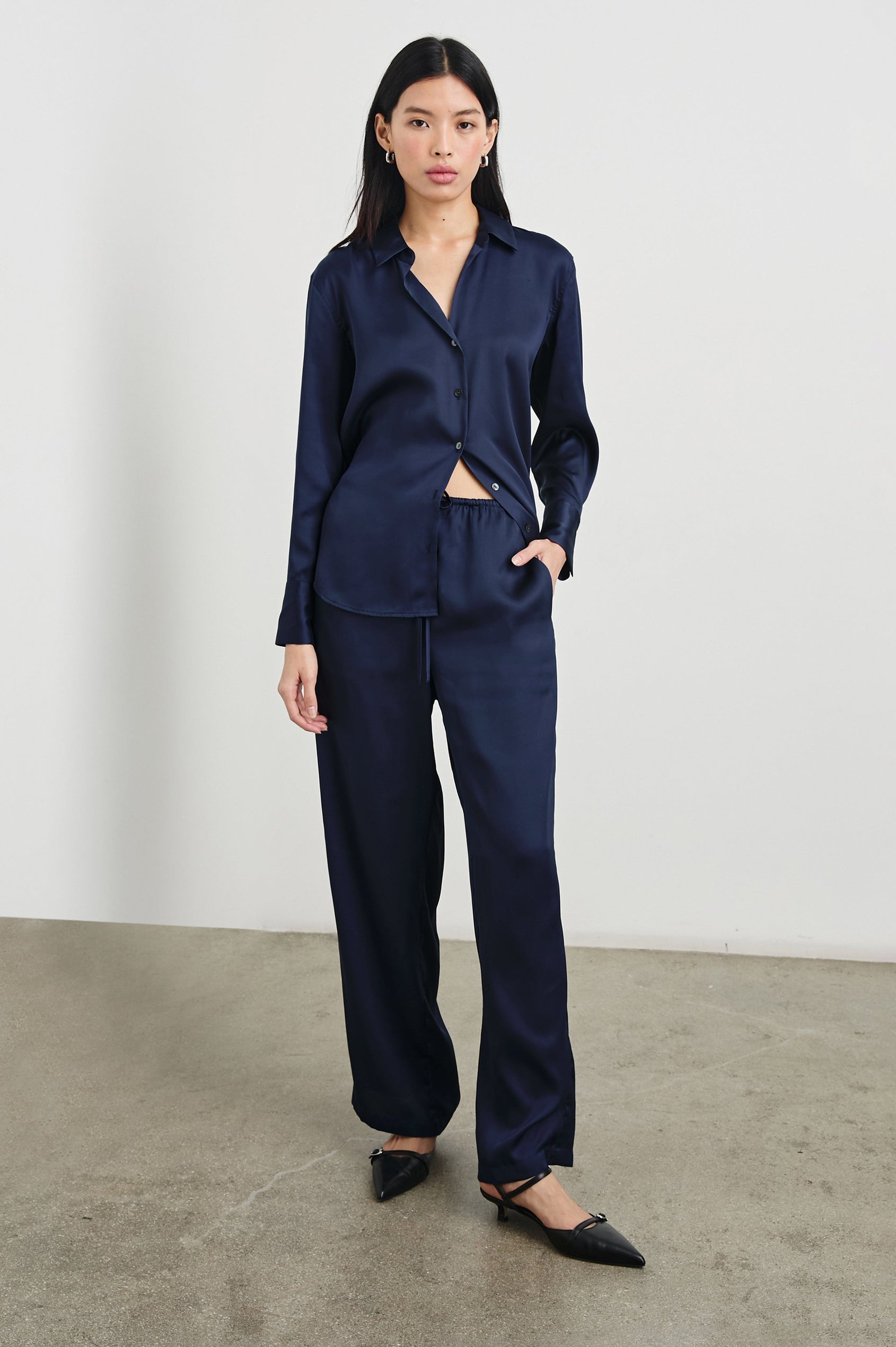 Ledger Long-Sleeve Button Down in Navy Colorway - Front Full Body View Featured on Model