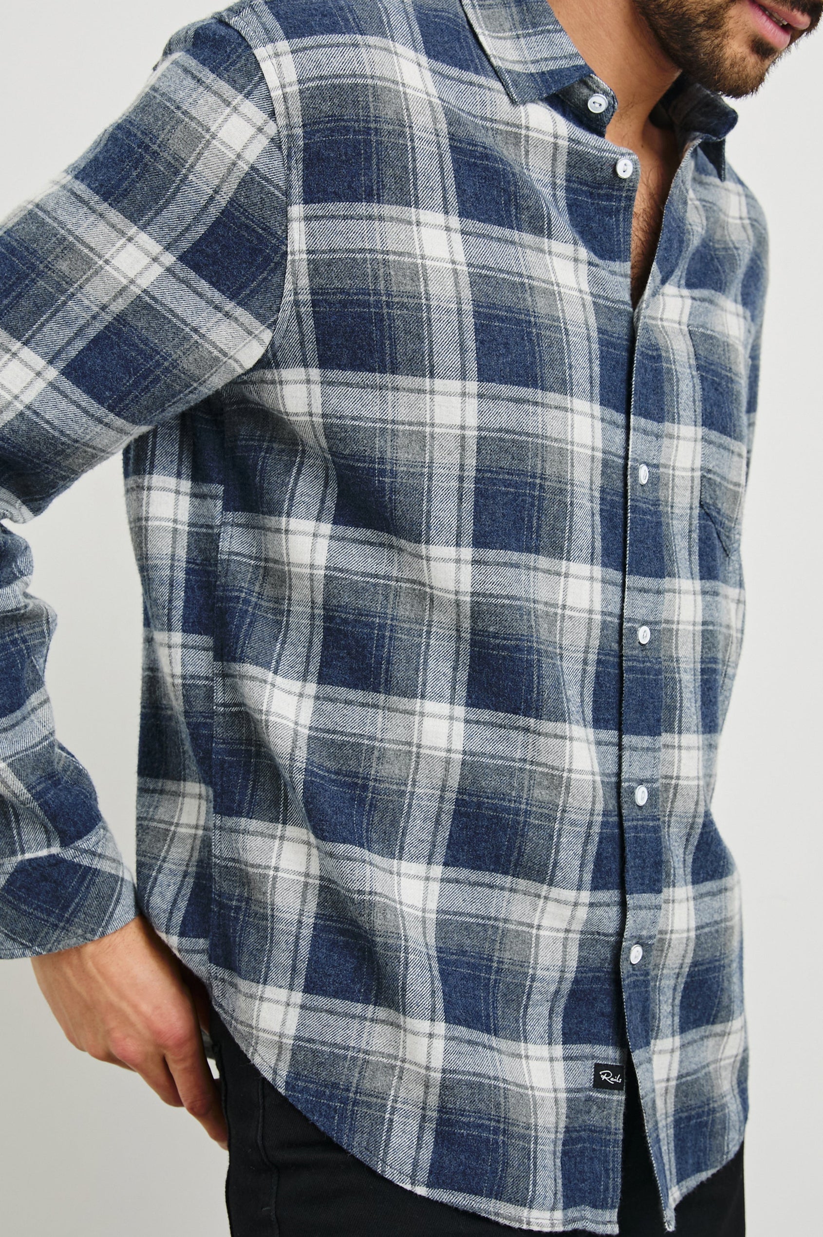 Lennox Long-Sleeve Button Up with a Chest Patch Pocket in Charcoal Lapis Colorway, a plaid in Charcoal, Lapis and White - Front View Featured on model