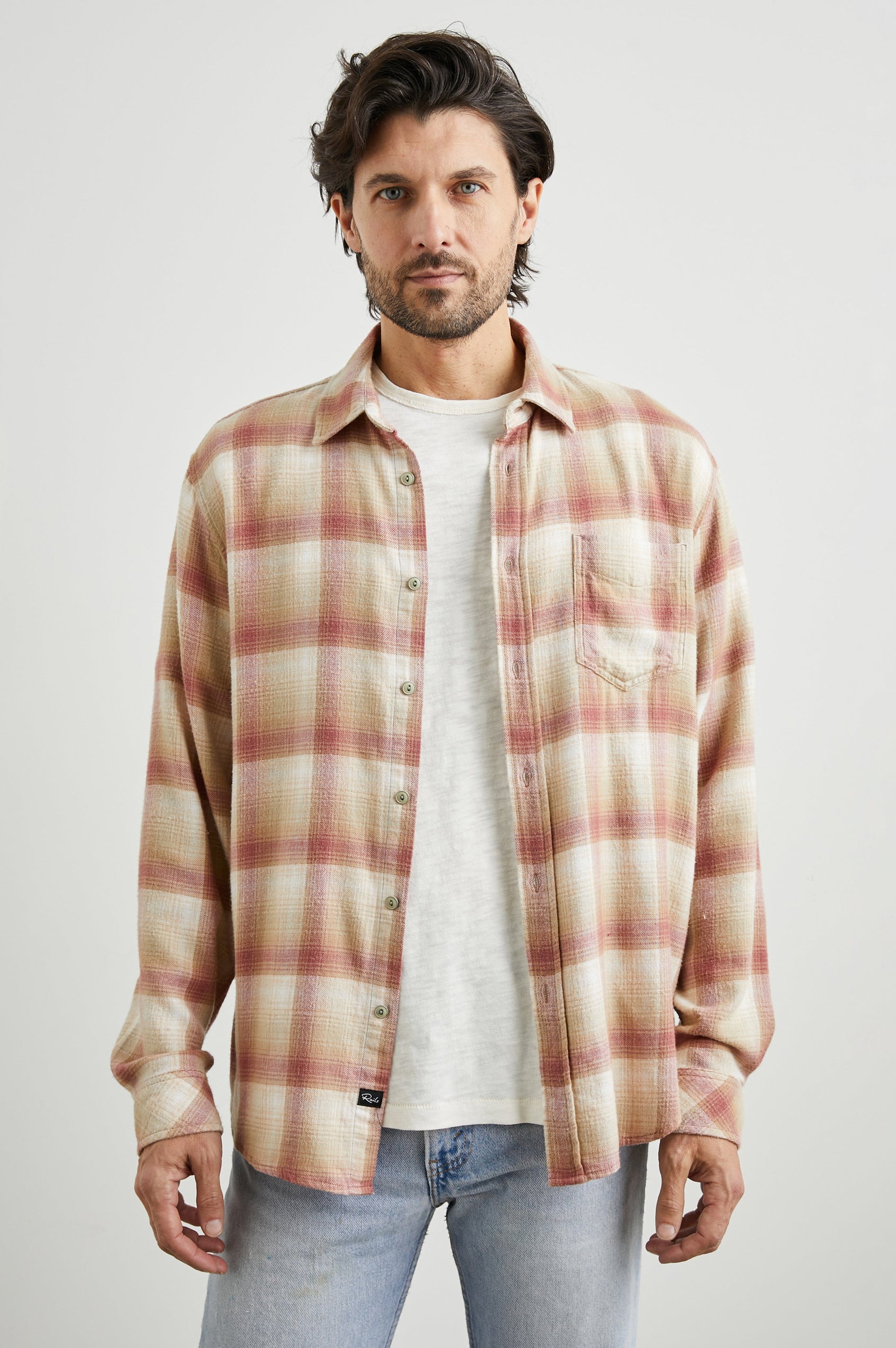 Lennox Long-Sleeve Button Up with a Chest Patch Pocket in Cranberry Finch Colorway, a plaid in Cranberry, Finch and White - Front Unbuttoned View Featured on Model