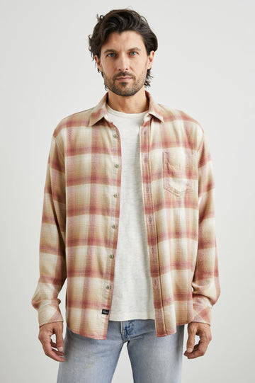 Lennox Long-Sleeve Button Up with a Chest Patch Pocket in Cranberry Finch Colorway, a plaid in Cranberry, Finch and White - Front Unbuttoned View Featured on Model