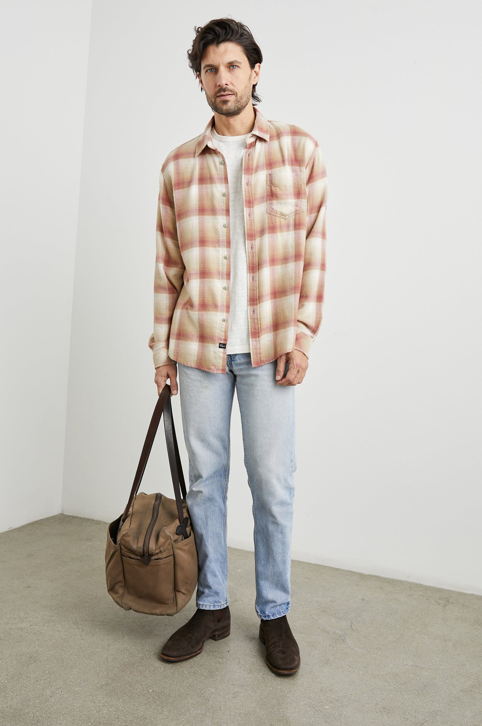 Lennox Long-Sleeve Button Up with a Chest Patch Pocket in Cranberry Finch Colorway, a plaid in Cranberry, Finch and White - Front Unbuttoned Full Body View Featured on Model