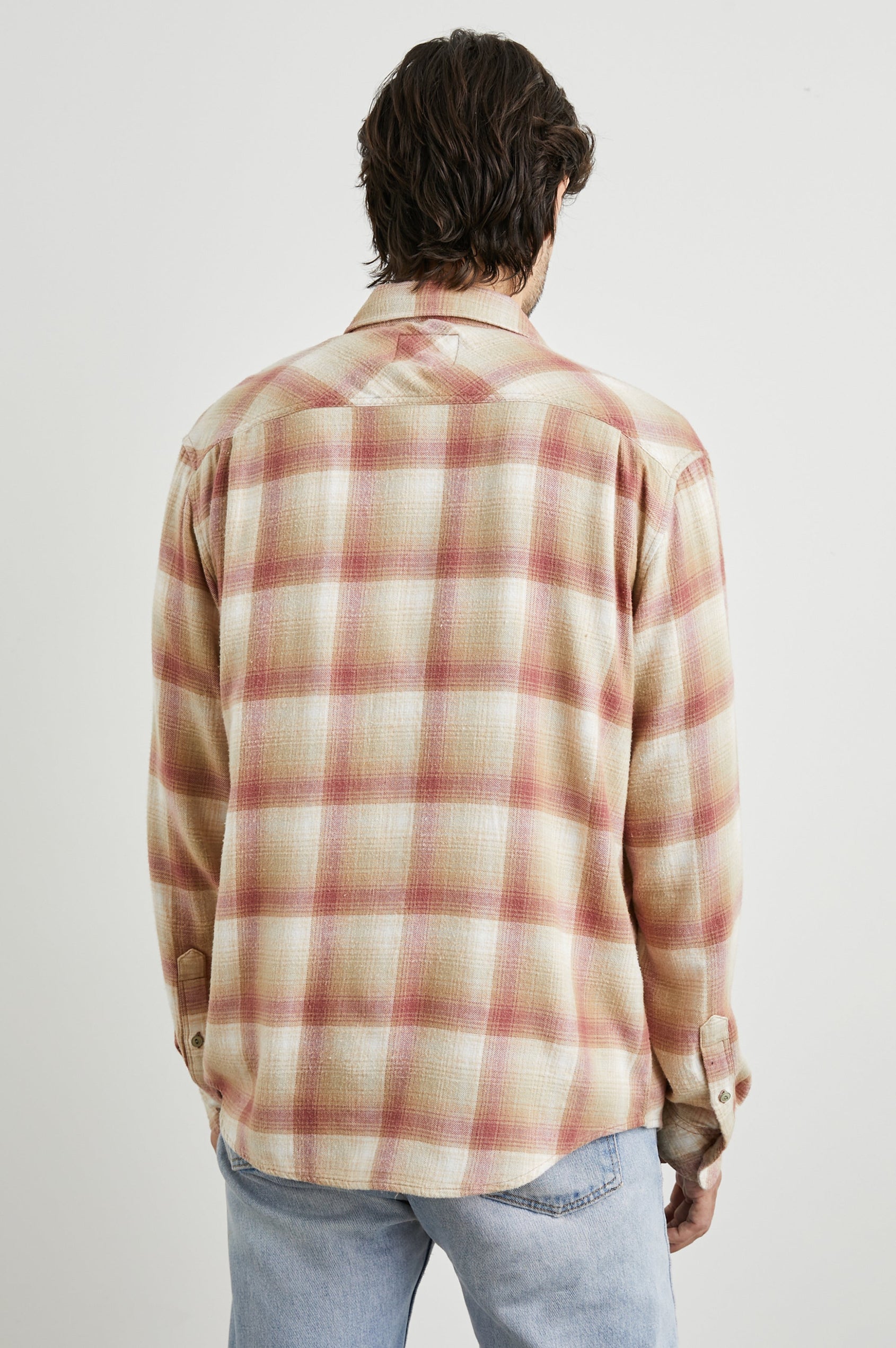 Lennox Long-Sleeve Button Up with a Chest Patch Pocket in Cranberry Finch Colorway, a plaid in Cranberry, Finch and White - Back View Featured on Model