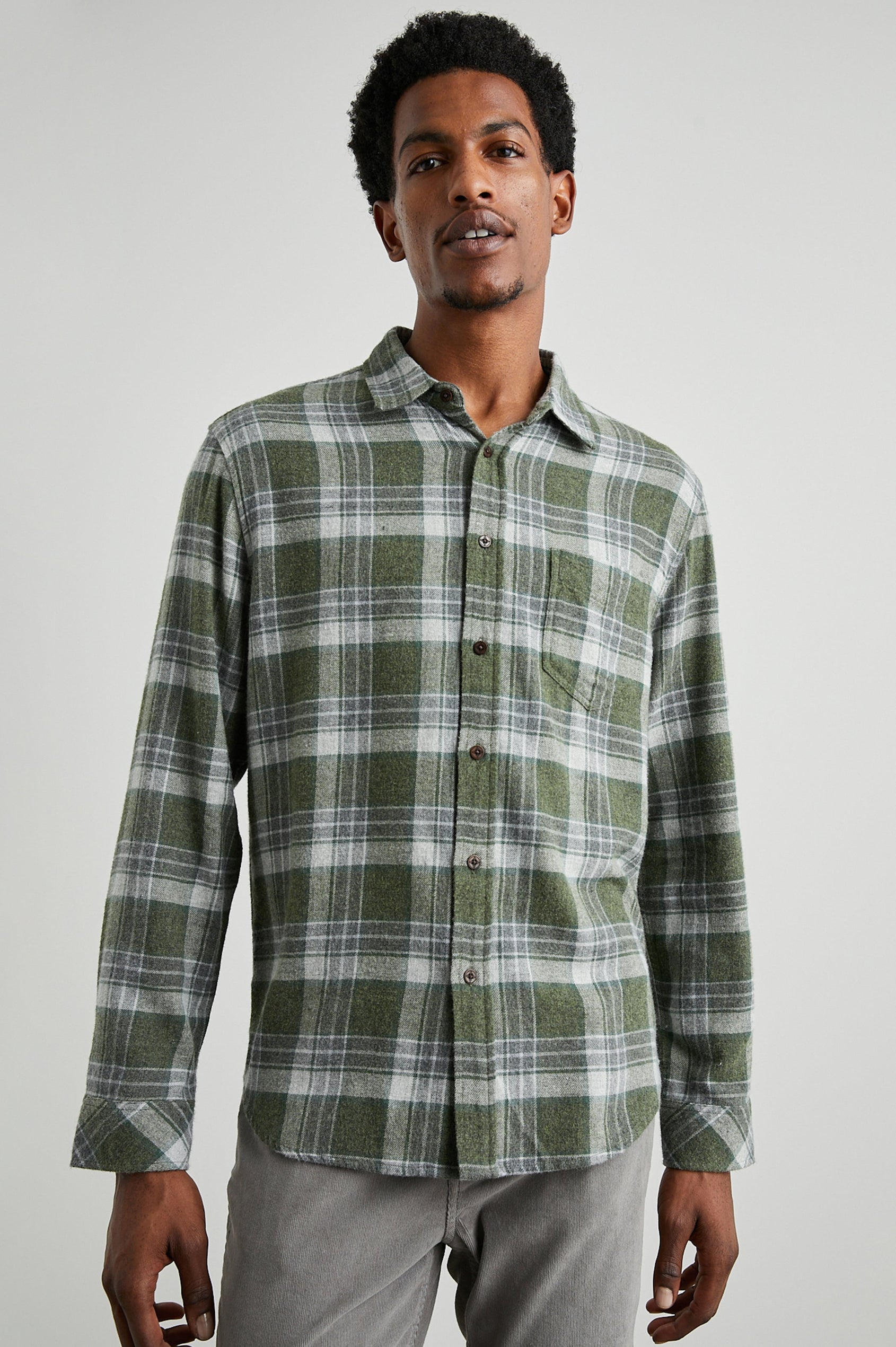 Lennox Long-Sleeve Button Up with a Chest Patch Pocket in Green Hollow Grey Melange Colorway, a plaid - Front View Featured on Model