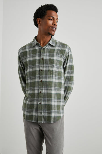 Lennox Long-Sleeve Button Up with a Chest Patch Pocket in Green Hollow Grey Melange Colorway, a plaid - Front View Featured on Model