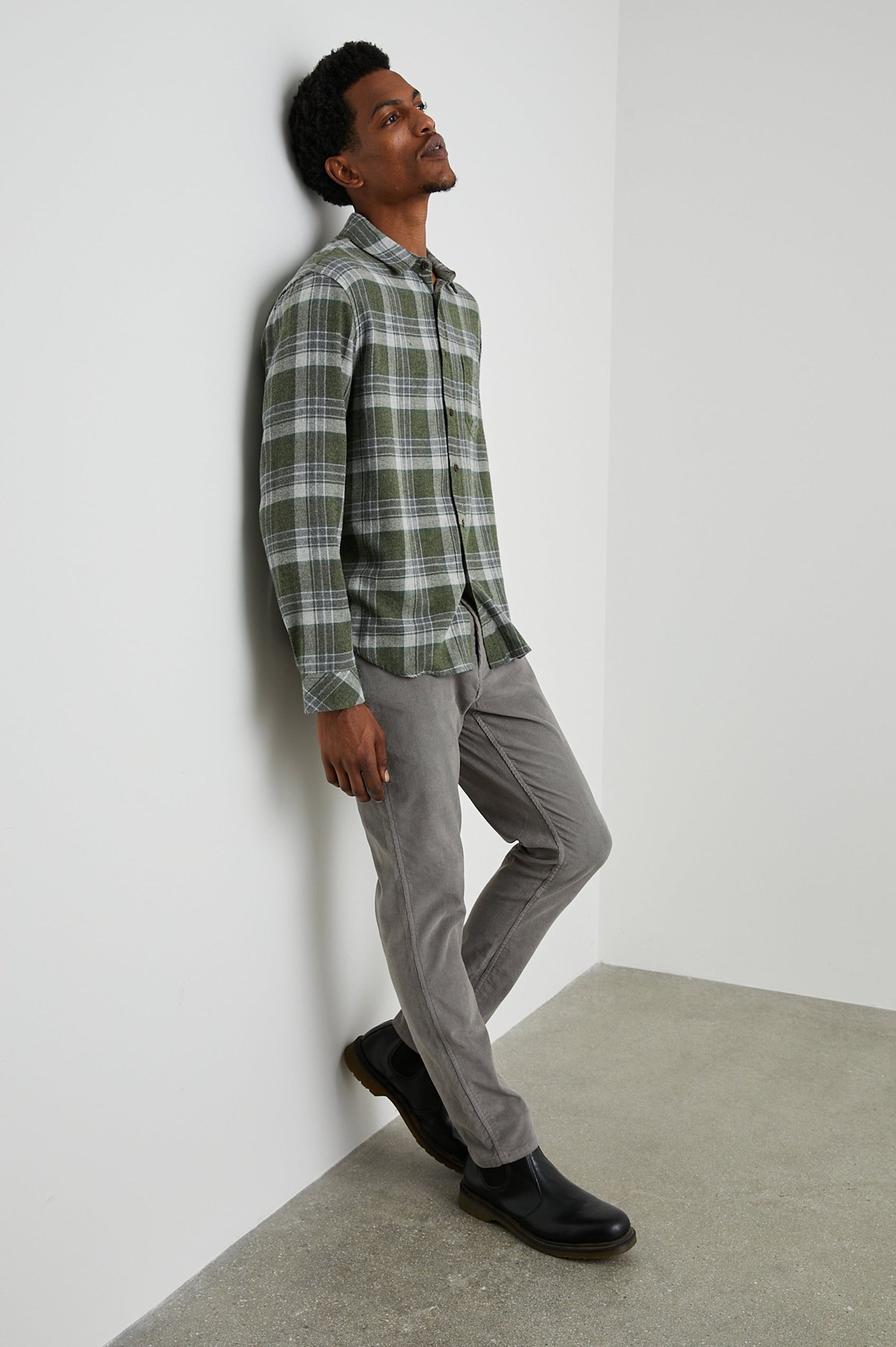 Lennox Long-Sleeve Button Up with a Chest Patch Pocket in Green Hollow Grey Melange Colorway, a plaid - Side Full Body View Featured on Model