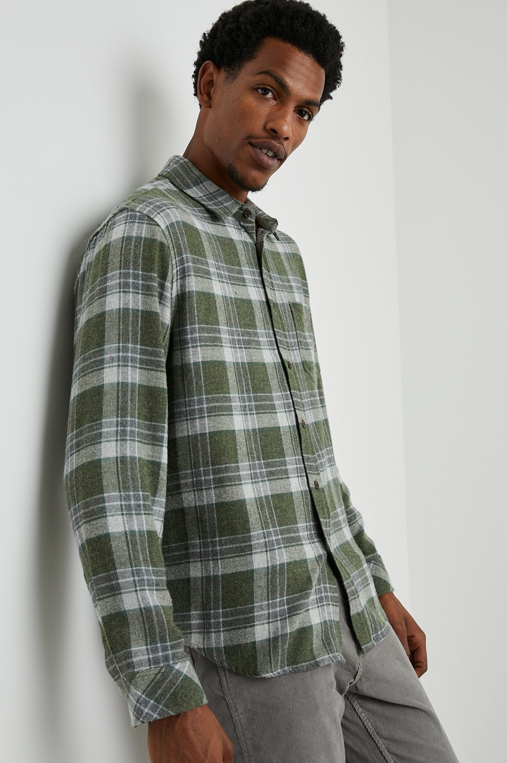 Lennox Long-Sleeve Button Up with a Chest Patch Pocket in Green Hollow Grey Melange Colorway, a plaid - Front View Featured on Model