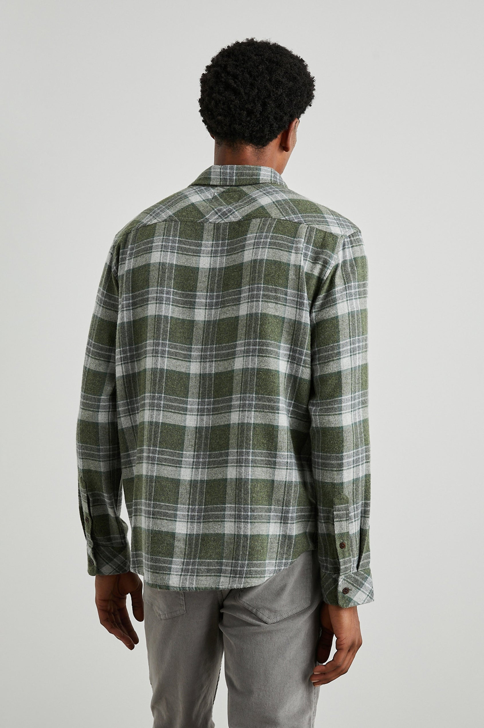 Lennox Long-Sleeve Button Up with a Chest Patch Pocket in Green Hollow Grey Melange Colorway, a plaid - Back View Featured on Model
