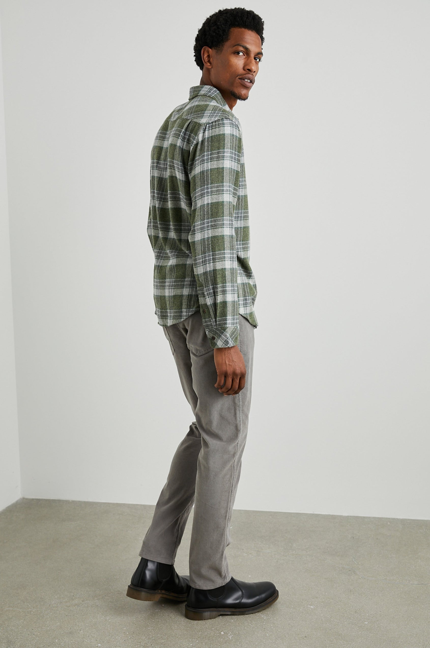 Lennox Long-Sleeve Button Up with a Chest Patch Pocket in Green Hollow Grey Melange Colorway, a plaid - Side Full Body View Featured on Model