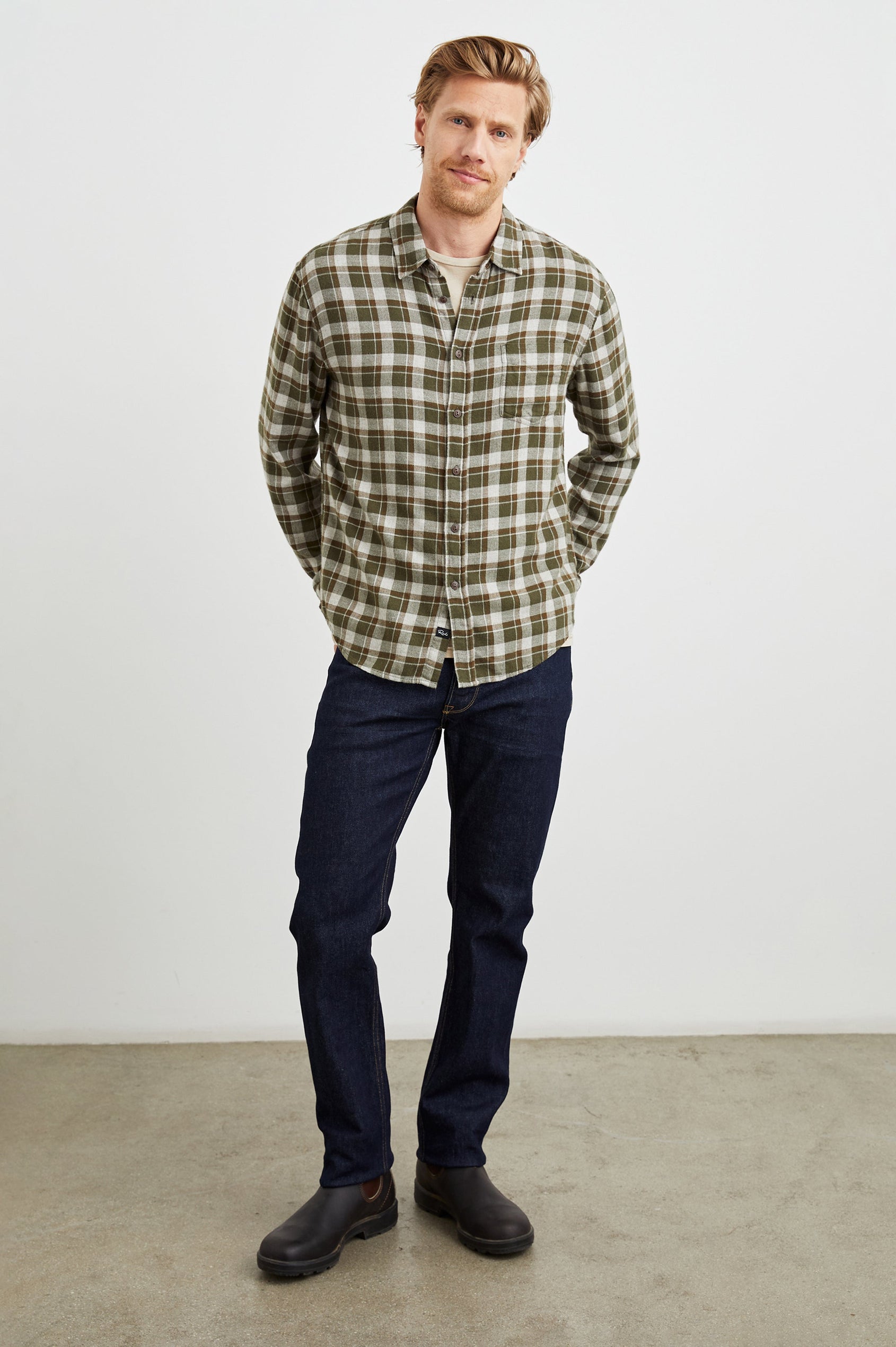 Lennox Long-Sleeve Button Up with a Chest Patch Pocket in Iguana Grey Colorway, a plaid in Olive, Brown and Cream - Front Full Body View Featured on Model
