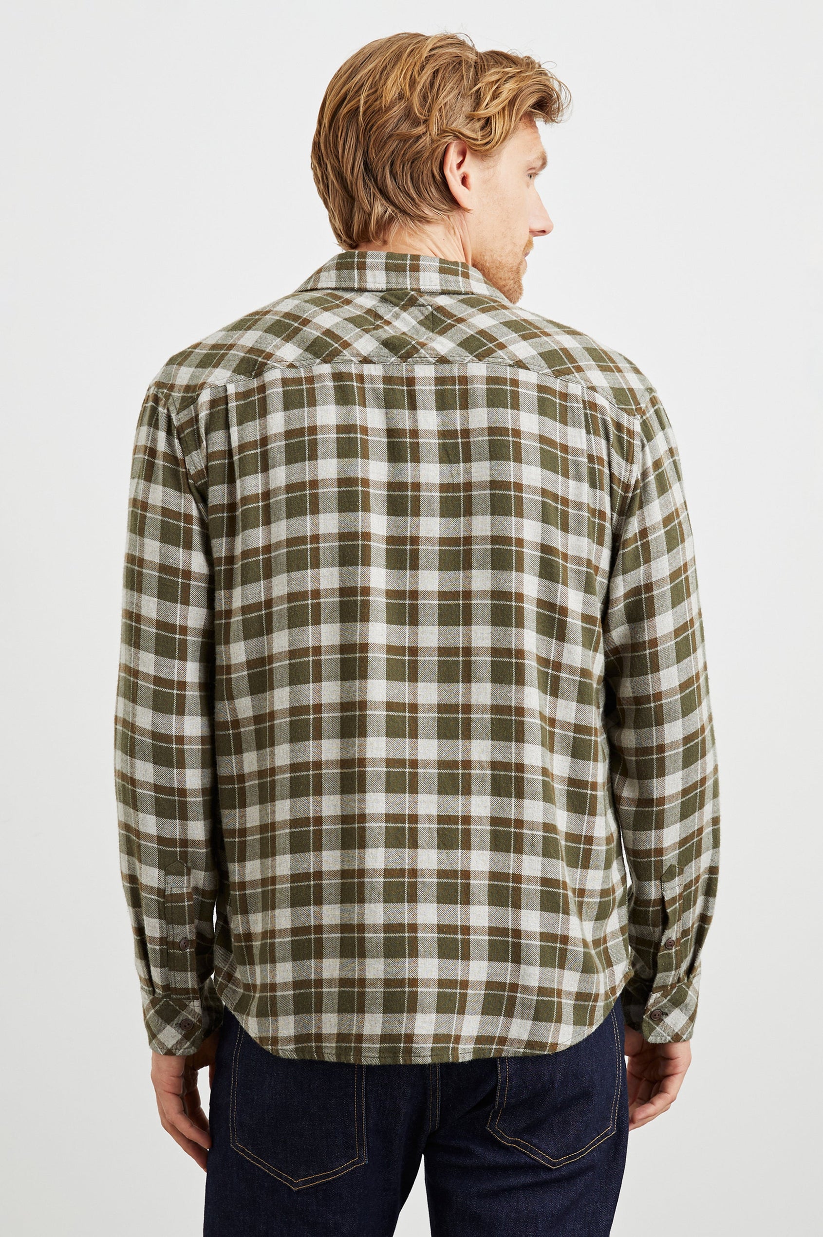Lennox Long-Sleeve Button Up with a Chest Patch Pocket in Iguana Grey Colorway, a plaid in Olive, Brown and Cream - Back View Featured on model