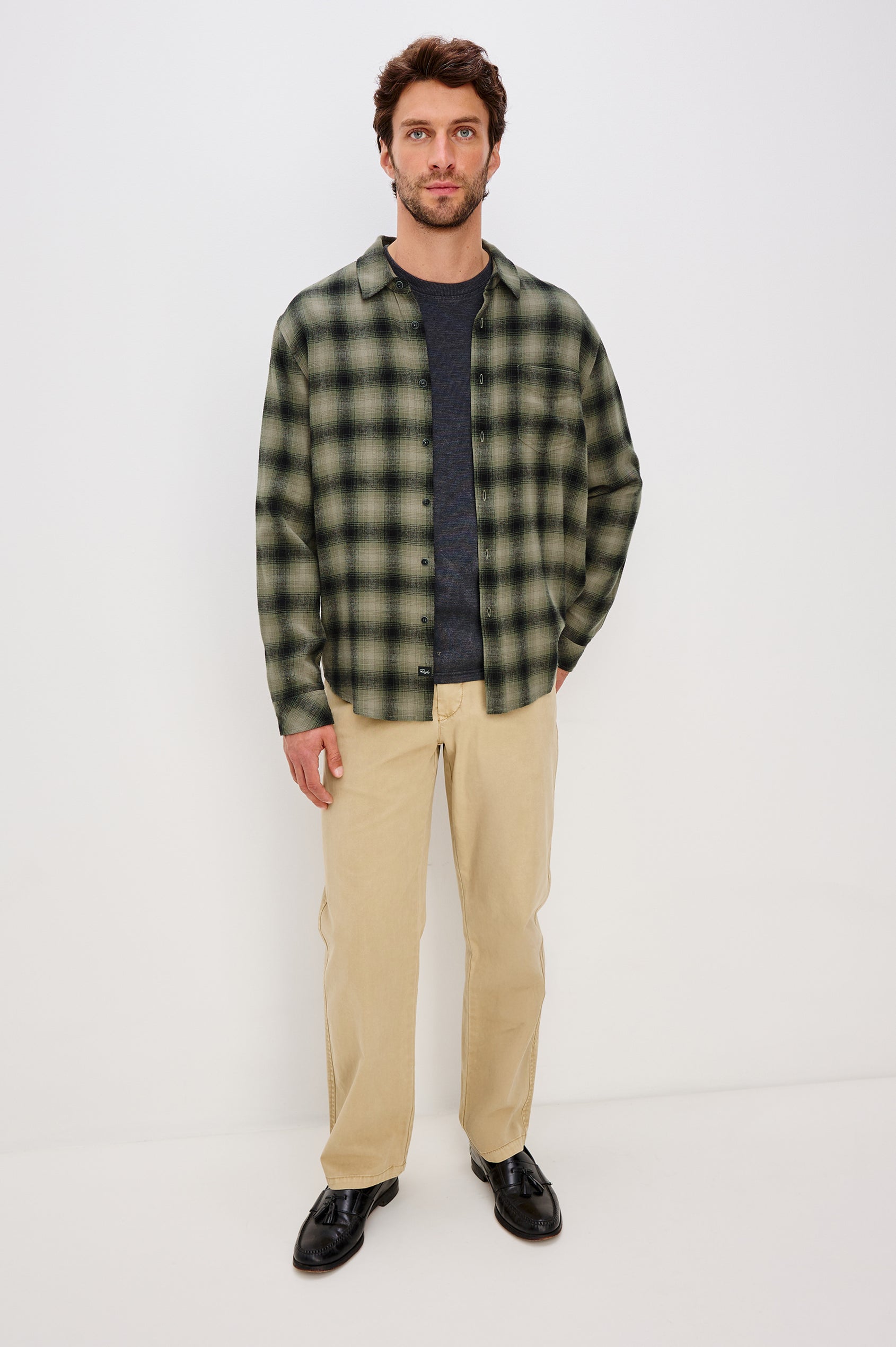 Lennox Long-Sleeve Button Up with a Chest Patch Pocket in Lichen Onyx Colorway - Front Full Body View Featured on model