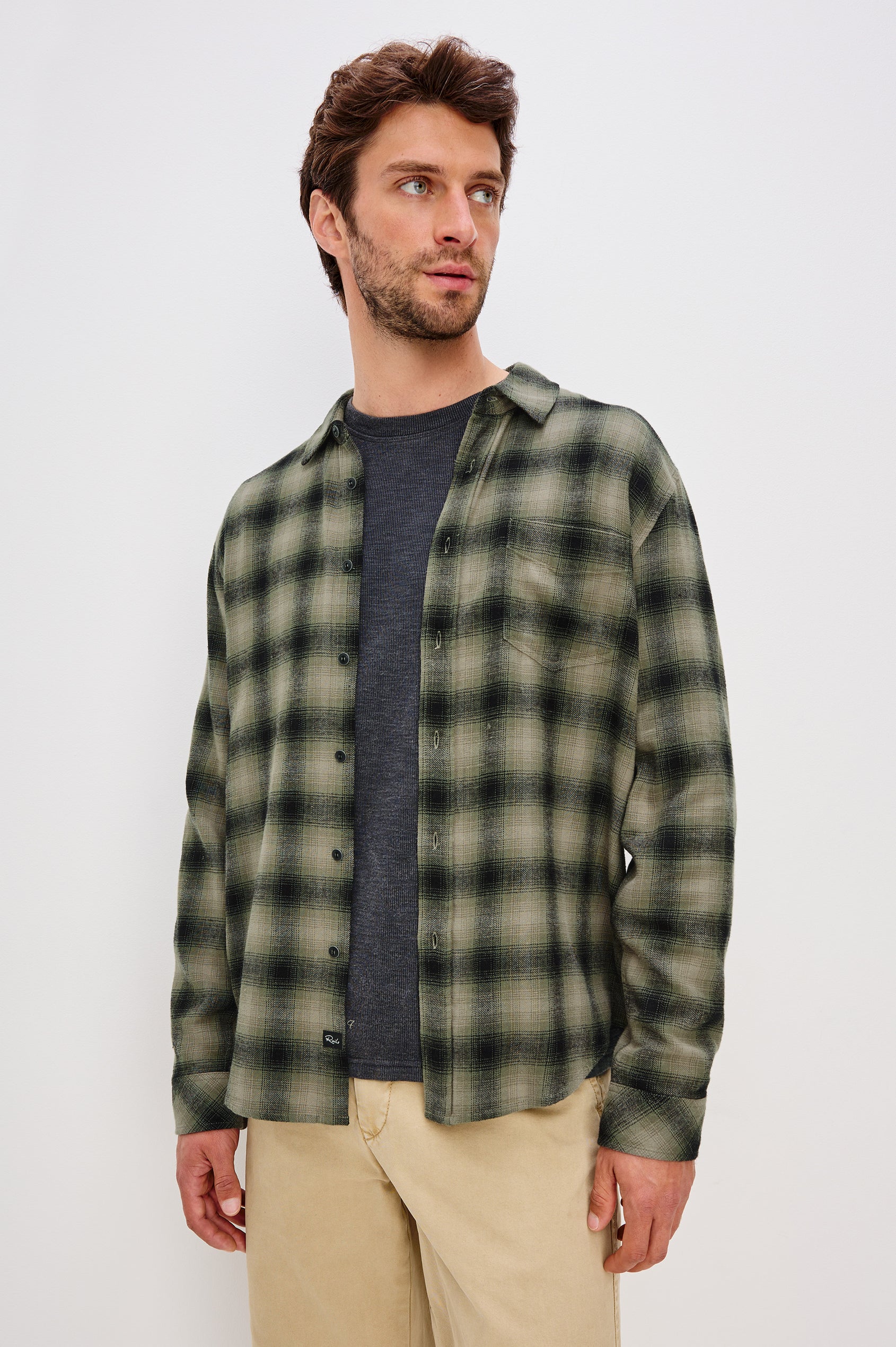 Lennox Button Front Plaid Shirt in Brushed Cotton Blend With Collar and Long Sleeves in Licen Onyx Colorway - Full Body Front View Featured on Model