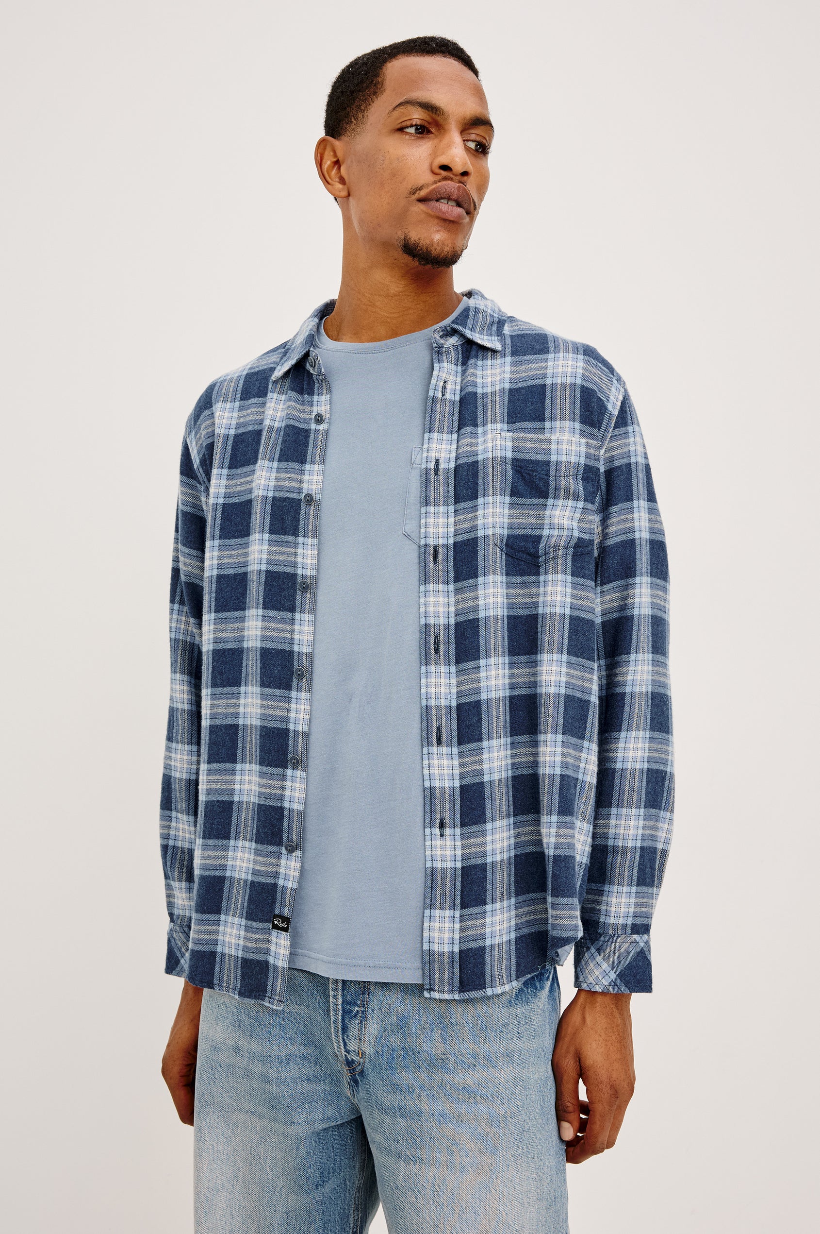 Lennox Plaid Shirt in Double-Brushed Cotton With Spread Collar, Relaxed Fit, Chest Pocket, Button Front, and Shirttail Hem in Marine Heather Glass Colorway - Front view featured on model.