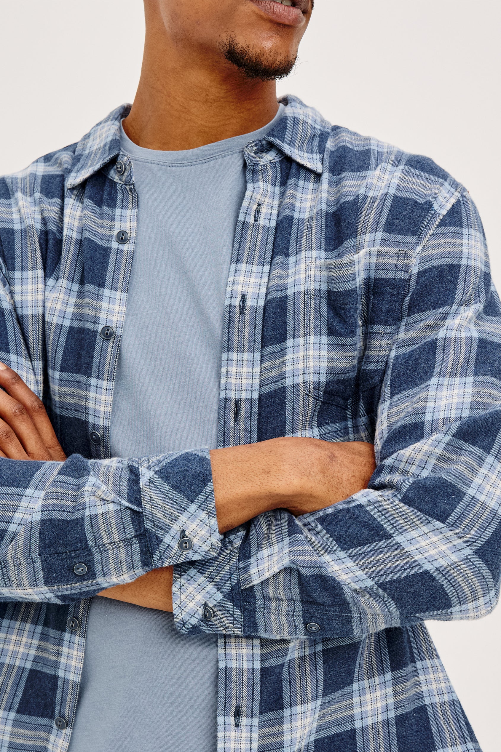 Lennox Plaid Shirt in Double-Brushed Cotton With Spread Collar, Relaxed Fit, Chest Pocket, Button Front, and Shirttail Hem in Marine Heather Glass Colorway - Close up front view featured on model.