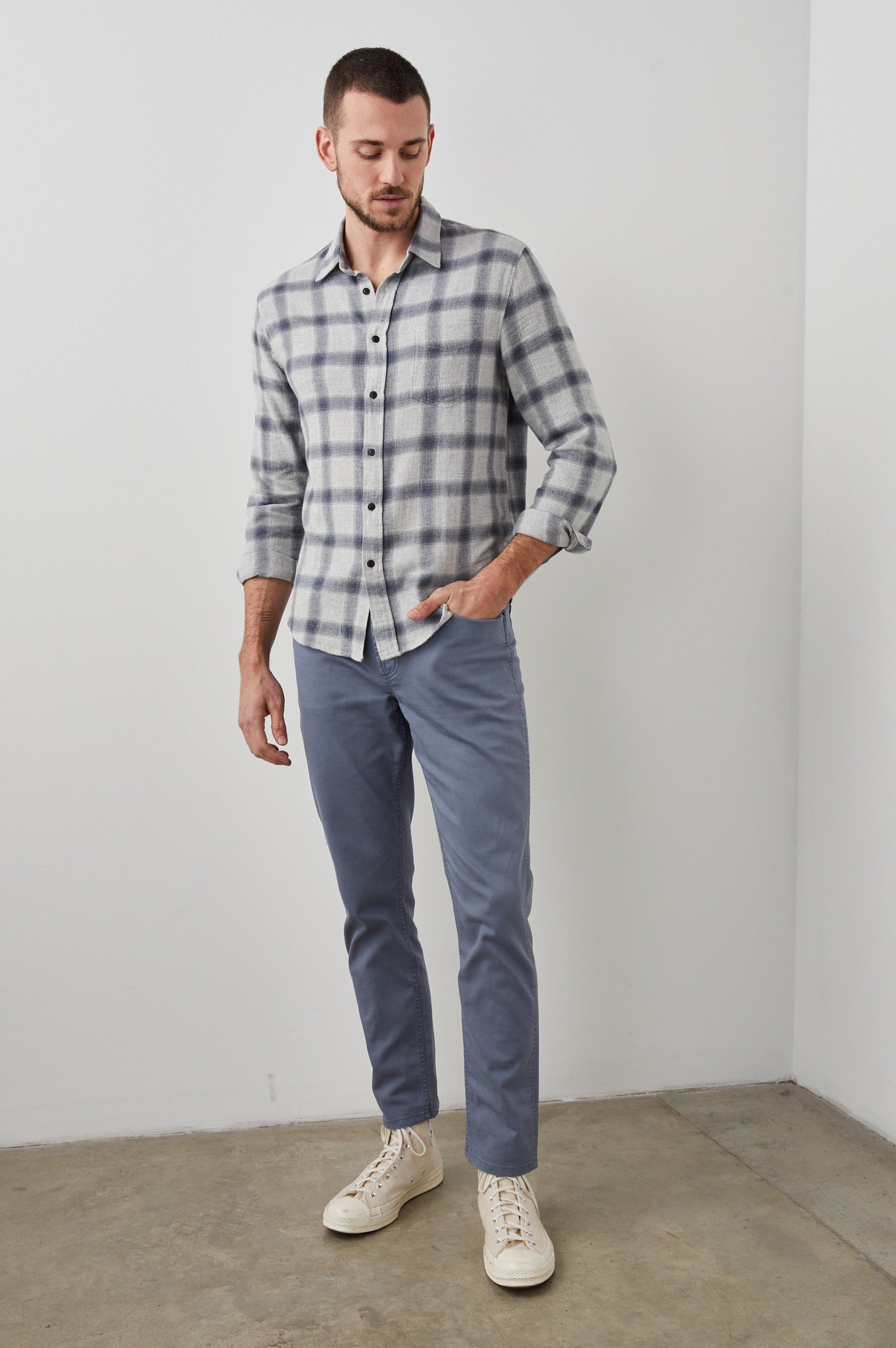 Lennox Long-Sleeve Button Up with a Chest Patch Pocket in Metallic Storm Heather Colorway, a plaid in Grey and Blue - Front Full Body View Featured on Model