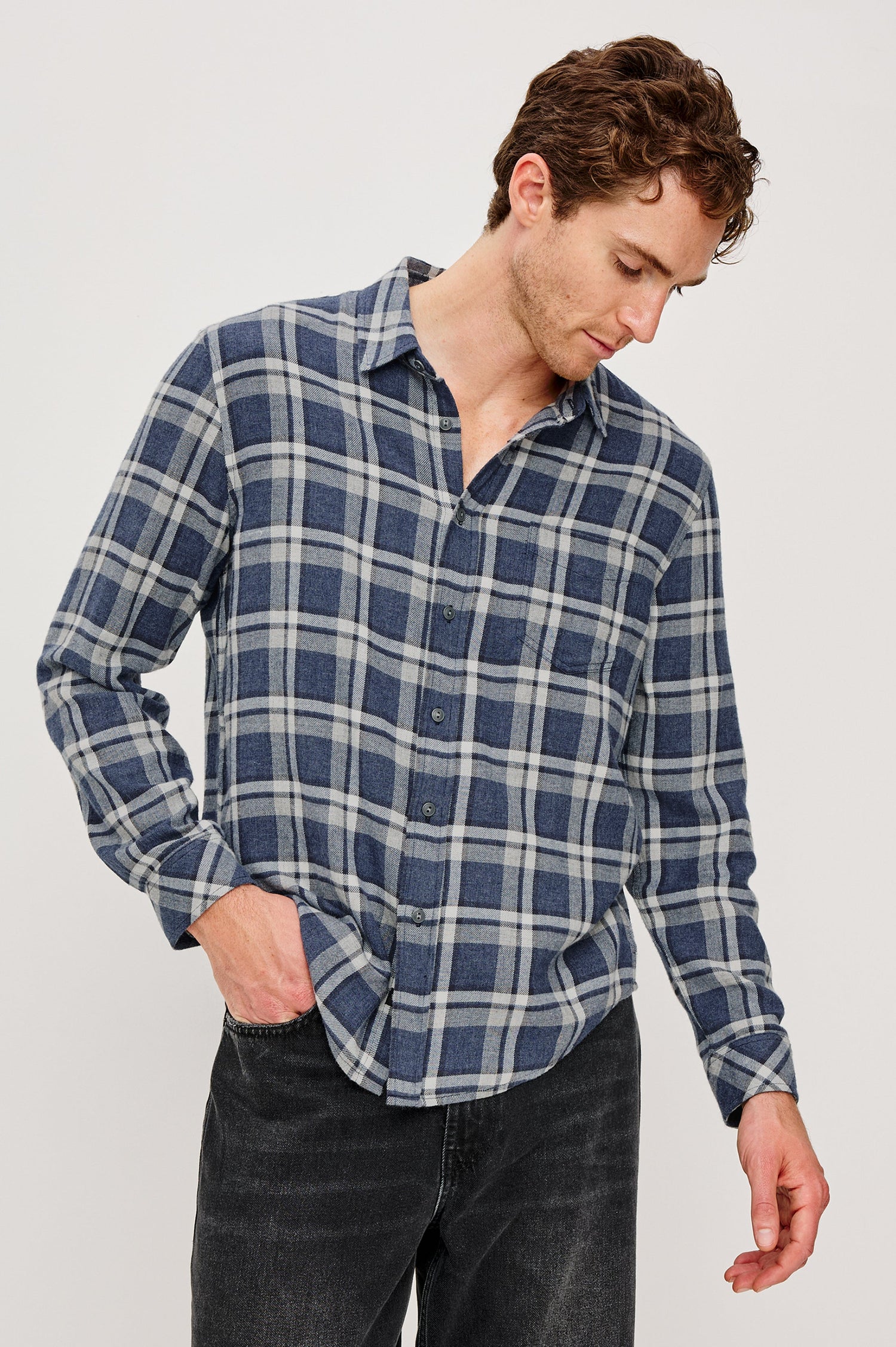 Lennox Long-Sleeve Button Up with a Chest Patch Pocket in Nocturen Shimmer Colorway. Front View Featured on model.