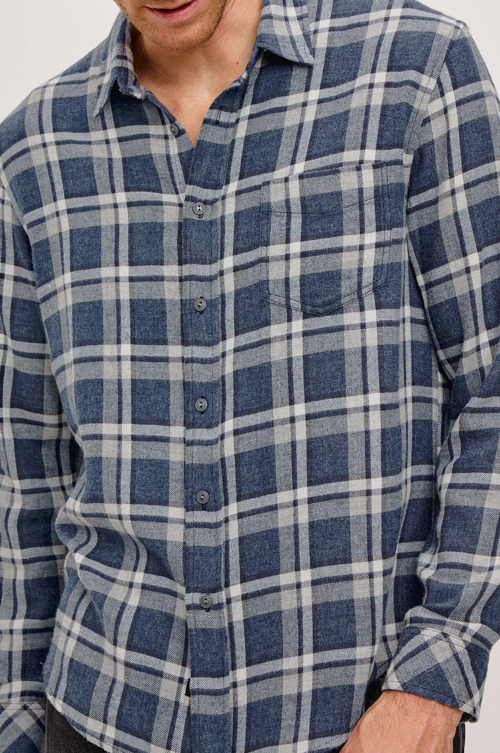 Lennox Long-Sleeve Button Up with a Chest Patch Pocket in Nocturen Shimmer Colorway. Front Detail View Featured on model.