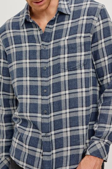 Lennox Long-Sleeve Button Up with a Chest Patch Pocket in Nocturen Shimmer Colorway. Front Detail View Featured on model.