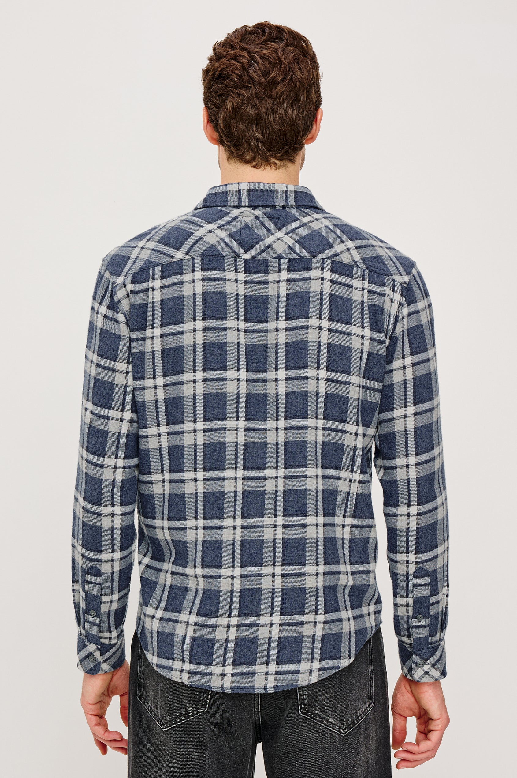 Lennox Long-Sleeve Button Up with a Chest Patch Pocket in Nocturen Shimmer Colorway. Back Seated View Featured on model.