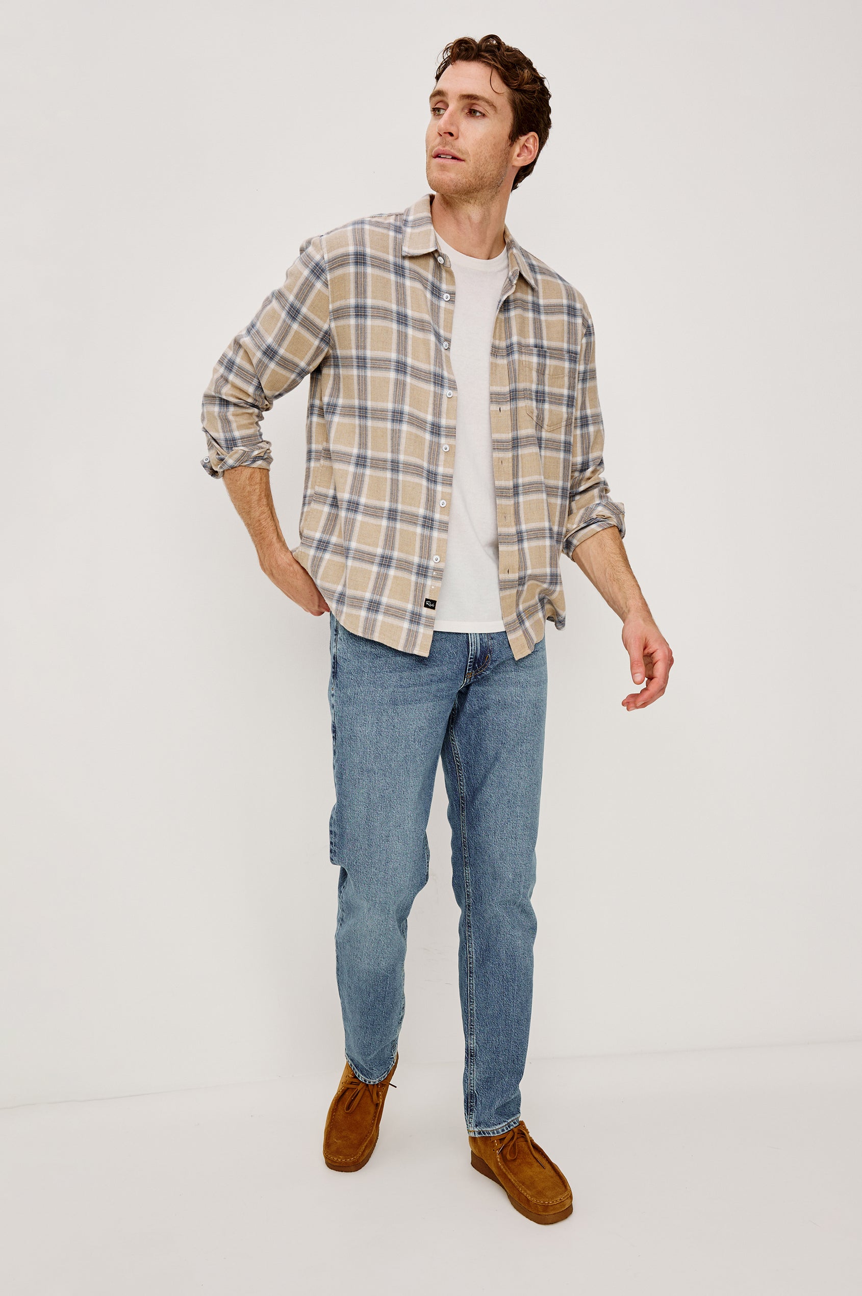 Lennox Long-Sleeve Button Up with a Chest Patch Pocket in Palamino Skyline Melange Colorway, a plaid in Palamino, Skyline and White - Front Full Body View Featured on Model