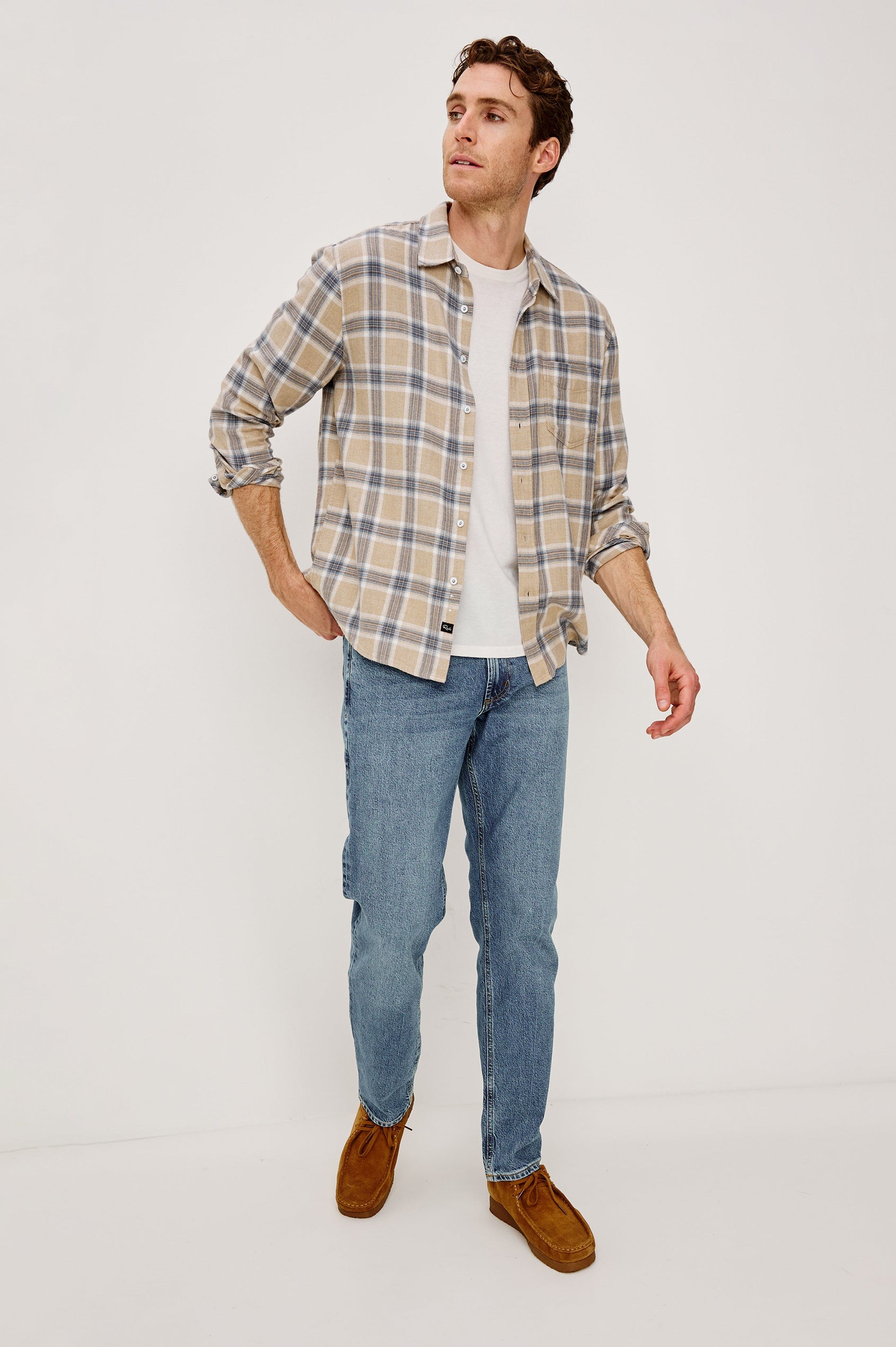 Lennox Long-Sleeve Button Up with a Chest Patch Pocket in Palamino Skyline Melange Colorway, a plaid in Palamino, Skyline and White - Front Full Body View Featured on Model