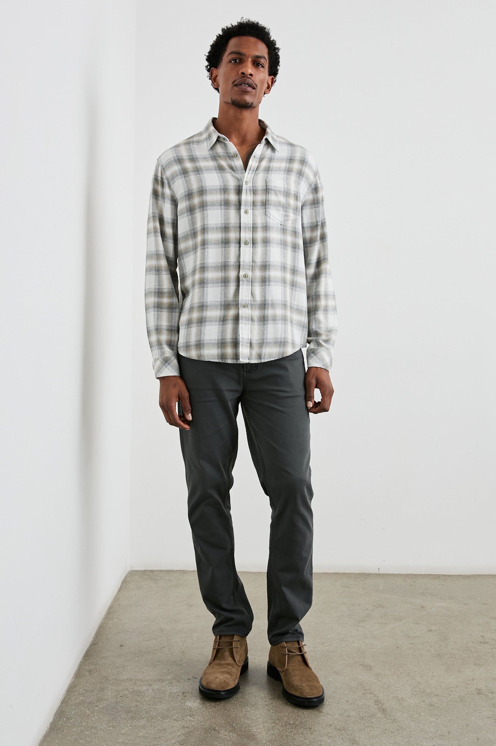 Lennox Long-Sleeve Button Up with a Chest Patch Pocket in Quicksand Spark Melange Colorway, a plaid in Grey, White and Tan - Front Full Body View Featured on Model