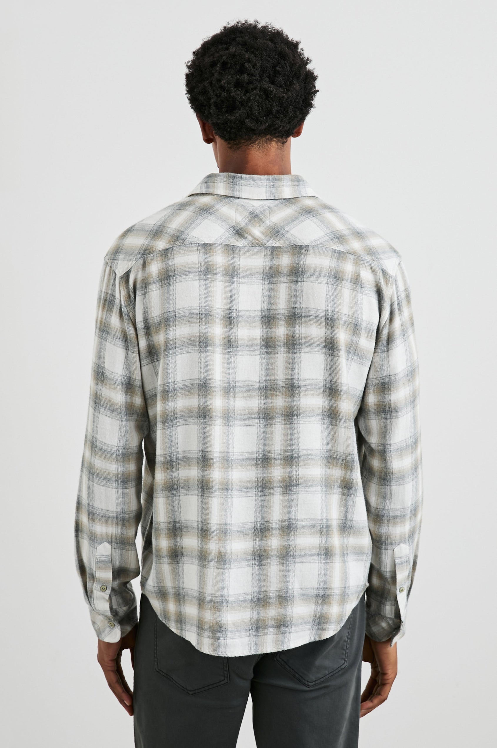 Lennox Long-Sleeve Button Up with a Chest Patch Pocket in Quicksand Spark Melange Colorway, a plaid in Grey, White and Tan - Back View Featured on Model