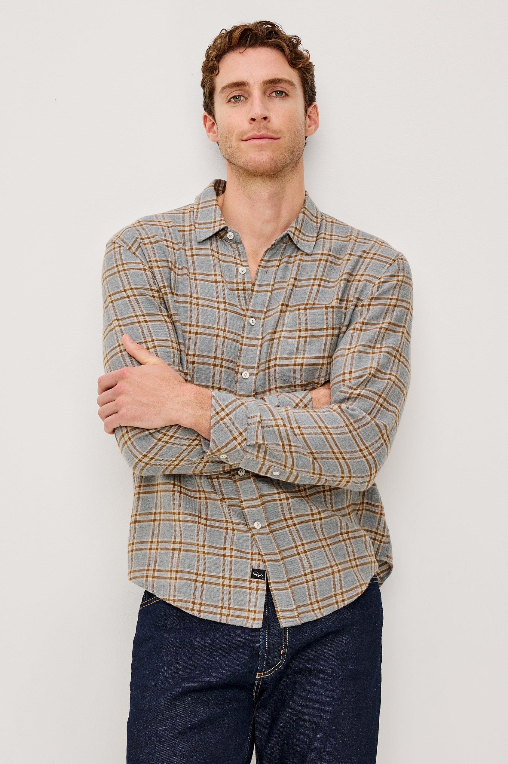 Lennox Long-Sleeve Button Up with a Chest Patch Pocket in Shale Truffle Colorway. Front View Featured on model.