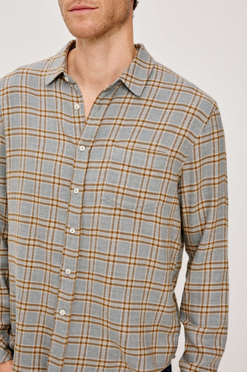 Lennox Long-Sleeve Button Up with a Chest Patch Pocket in Shale Truffle Colorway. Front Detail View Featured on model.