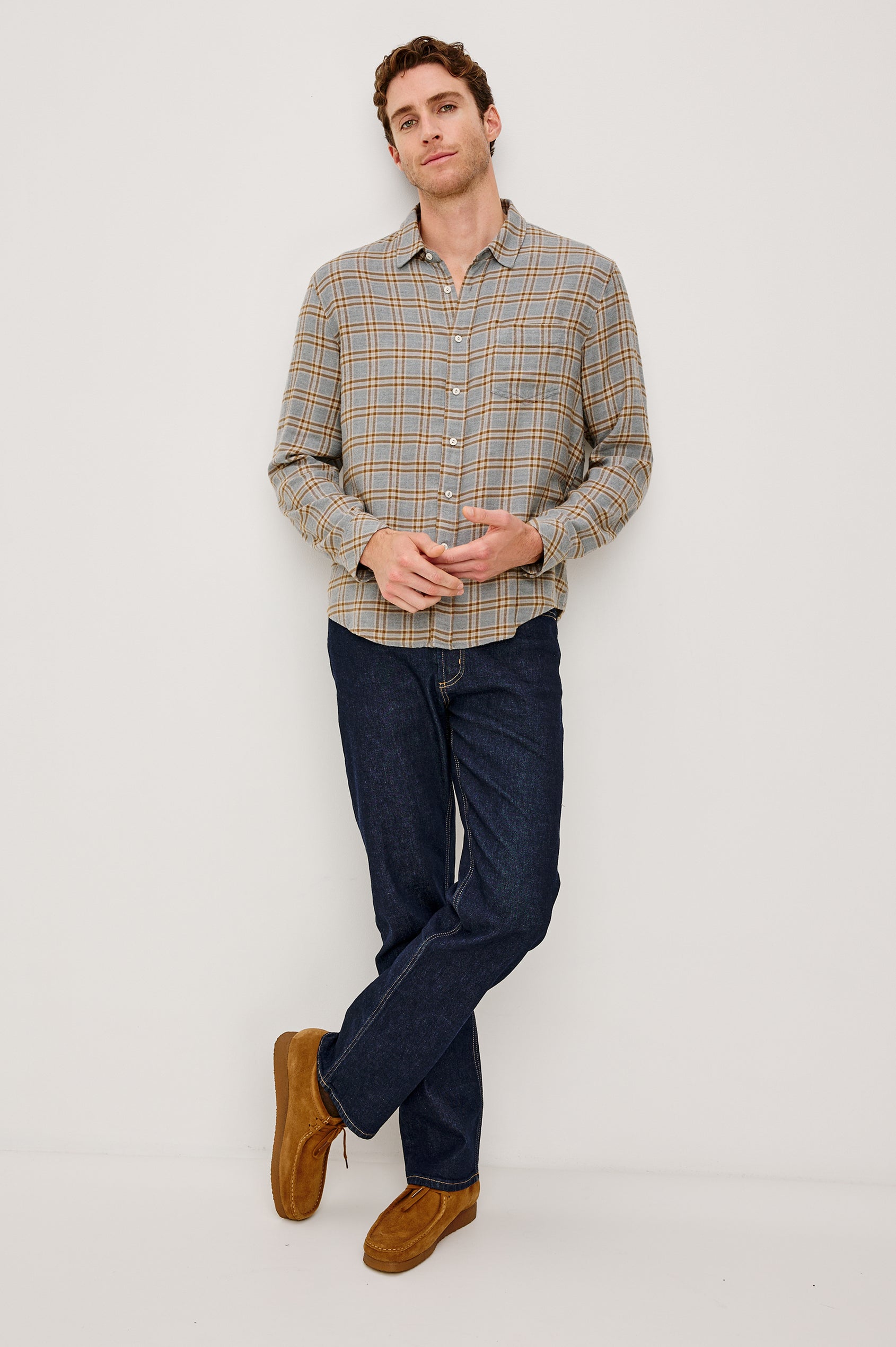 Lennox Long-Sleeve Button Up with a Chest Patch Pocket in Shale Truffle Colorway. Front Full Body View Featured on model.