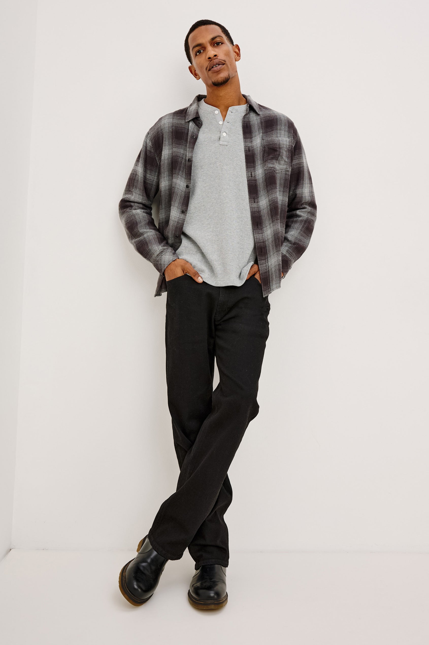 Lennox Plaid Shirt in Double-Brushed Cotton With Relaxed Fit, Spread Collar, Classic Fit, Chest Pocket, Button Front, and Shirttail Hem in Silver Obsidian Colorway - Full Body Front View Featured on Model