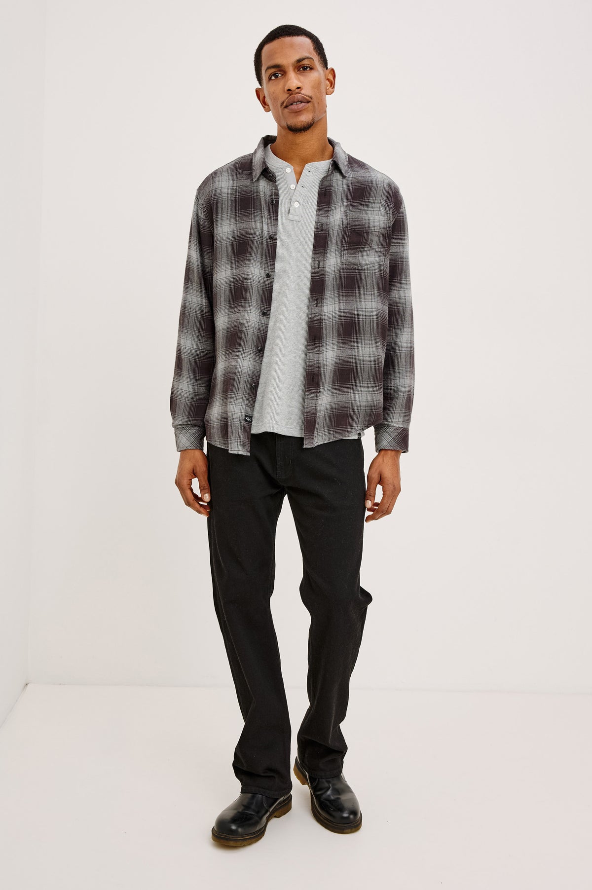 Lennox Plaid Shirt in Double-Brushed Cotton With Relaxed Fit, Spread Collar, Classic Fit, Chest Pocket, Button Front, and Shirttail Hem in Silver Obsidian Colorway - Full Body Front View Featured on Model
