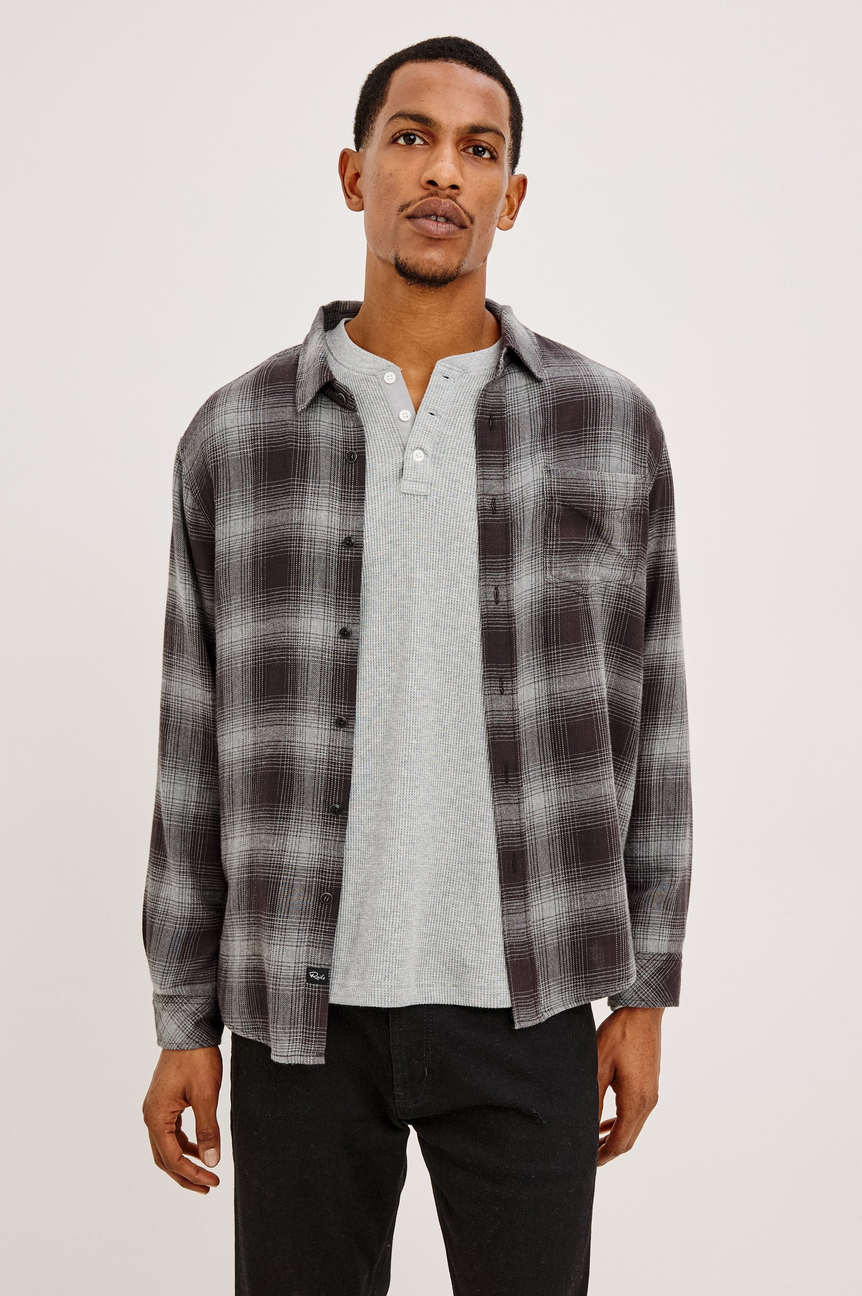 Lennox Plaid Shirt in Double-Brushed Cotton With Relaxed Fit, Spread Collar, Classic Fit, Chest Pocket, Button Front, and Shirttail Hem in Silver Obsidian Colorway - Upper Body Front View Featured on Model