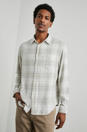 Lennox Long-Sleeve Button Up with a Chest Patch Pocket in Wheat Dove Melange Colorway, a plaid in Tan, White and Grey - Front View Featured on Model
