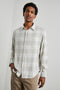 Lennox Long-Sleeve Button Up with a Chest Patch Pocket in Wheat Dove Melange Colorway, a plaid in Tan, White and Grey - Front View Featured on Model