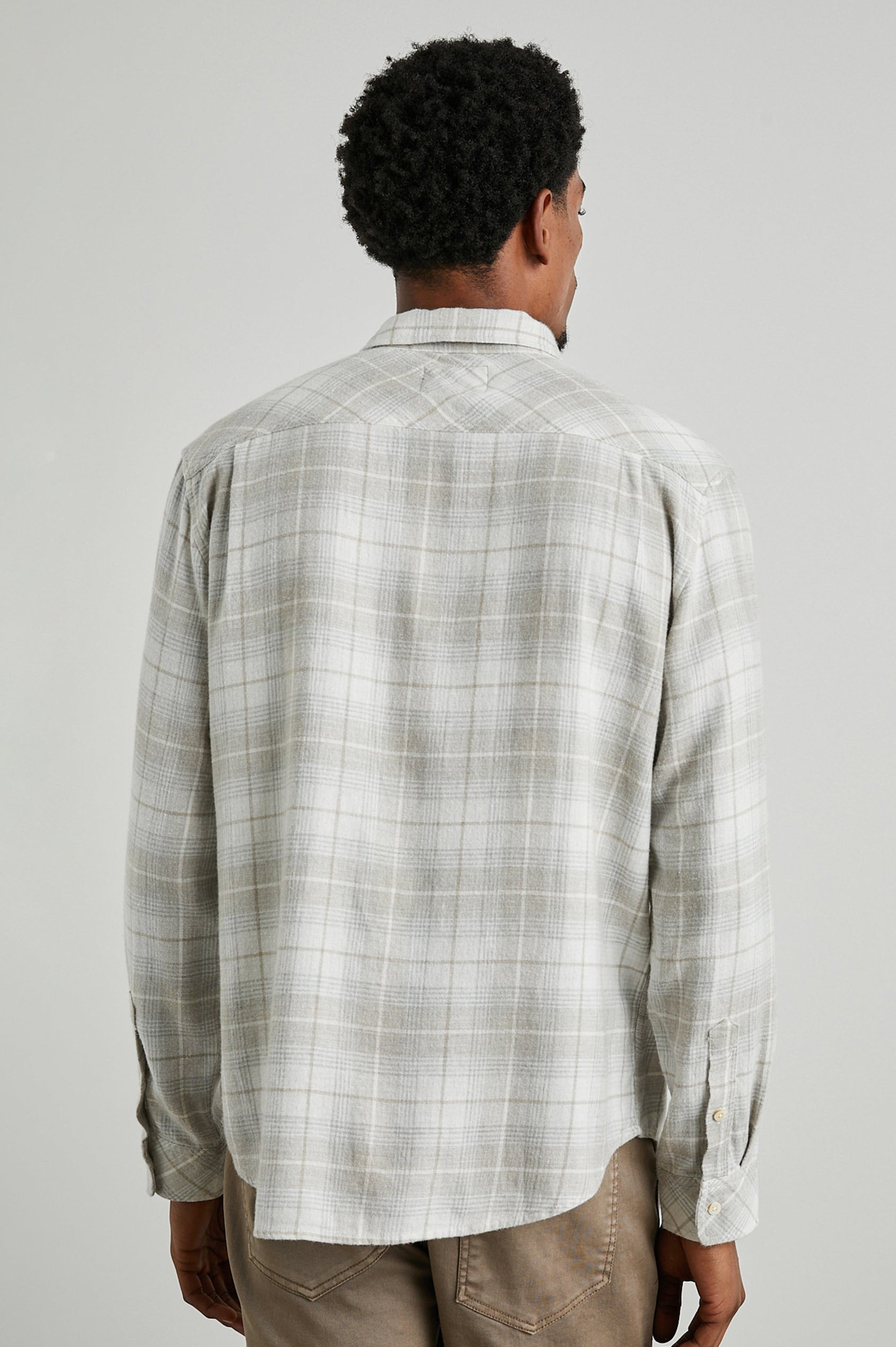 Lennox Long-Sleeve Button Up with a Chest Patch Pocket in Wheat Dove Melange Colorway, a plaid in Tan, White and Grey - Back View Featured on Model