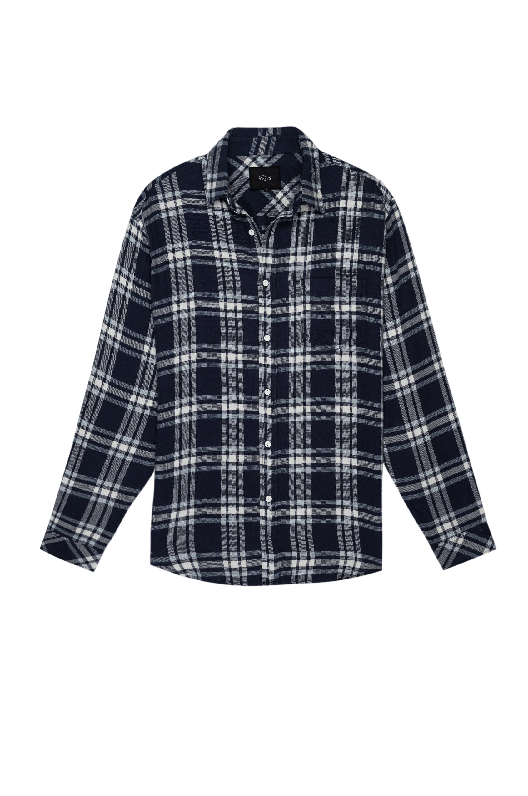 Lennox Long sleeve, button-down, relaxed fit shirt with single chest pocket in navy and white plaid - flat